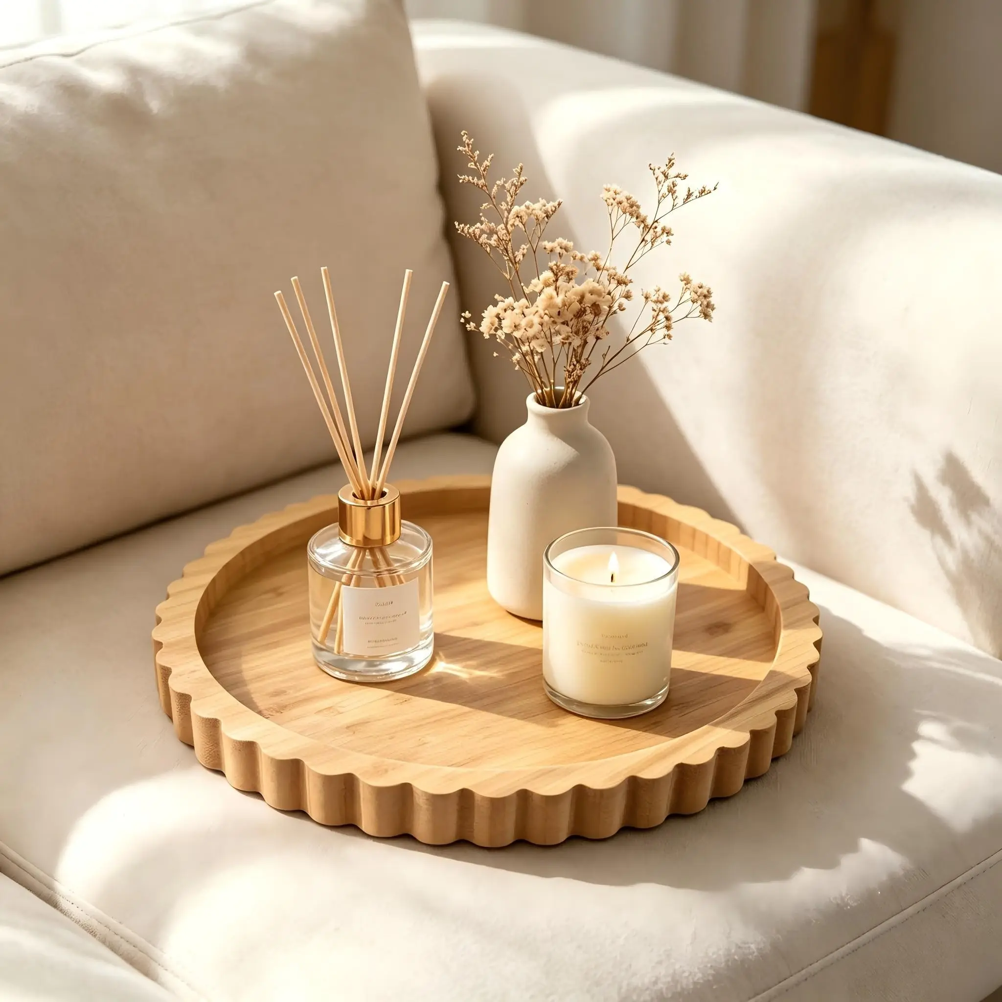1pc, Bohemian Style Round Tray with Wavy Edges, Handmade Bamboo Storage Tray, Multi-Functional Decorative Charm Display Tray for Home, Living Room, Hotel