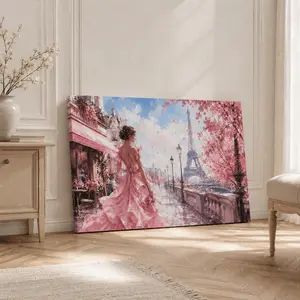 Paris Eiffel Tower Pink Dress Woman Canvas Wall Art, Trendy Romantic Watercolor Poster Print, Chic Girly Decor for Living Room Bedroom, Available as Unframed Poster or Framed Wrapped Canvas