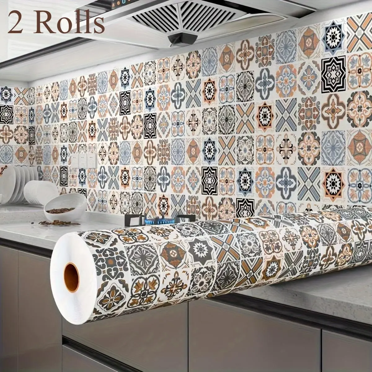 Boho Style Self-Adhesive Peel N Stick Wallpaper, Waterproof Kitchen Bathroom Decor, Seamless Quick Install, Covers Cracks Stains, 2 Rolls