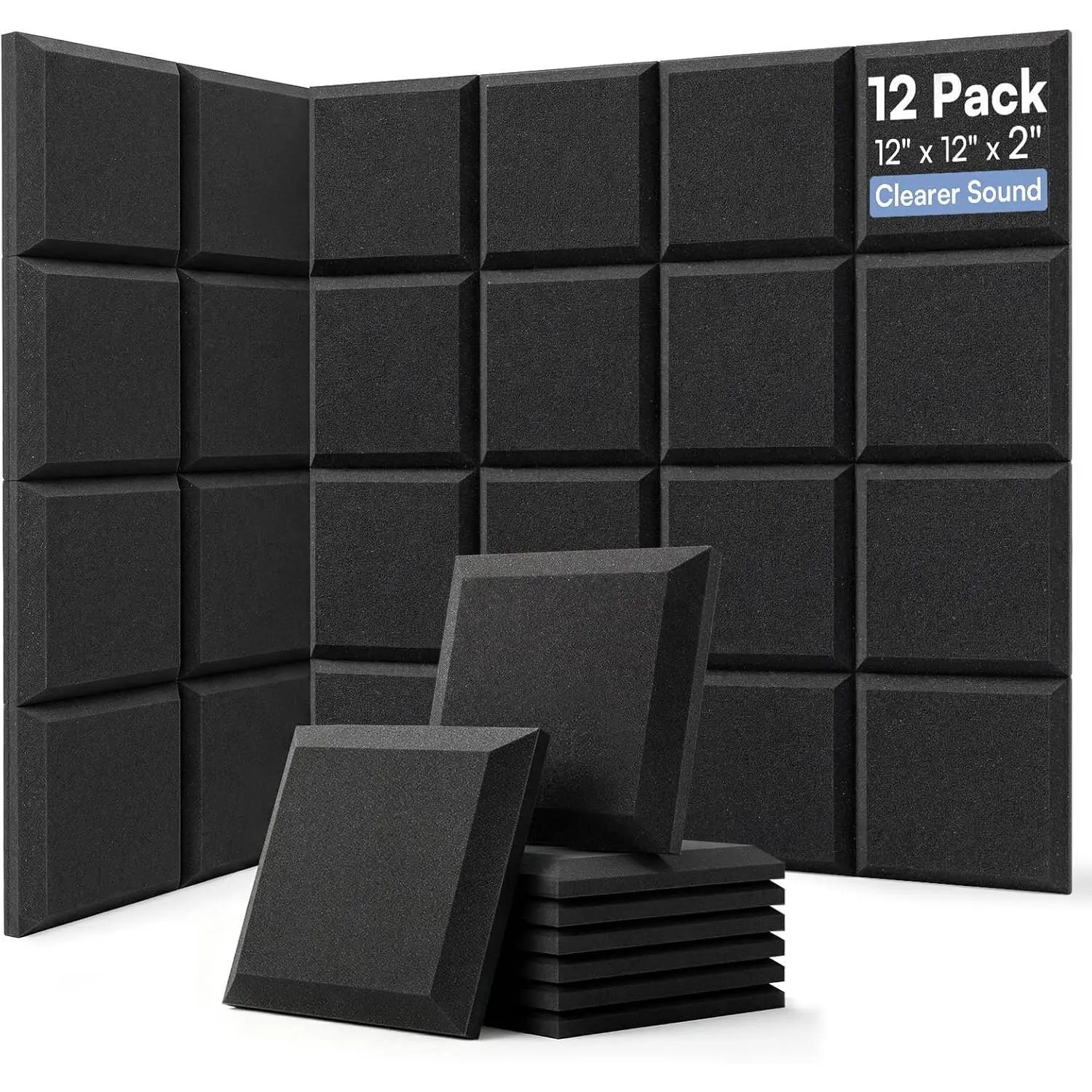 12 Pack Acoustic  Panels 12" x 12" x 2" Flat Design Sound Proof  Panels High Density Sound Absorbing  Echo Reduction for Wall,  Studio, Recording & Gaming