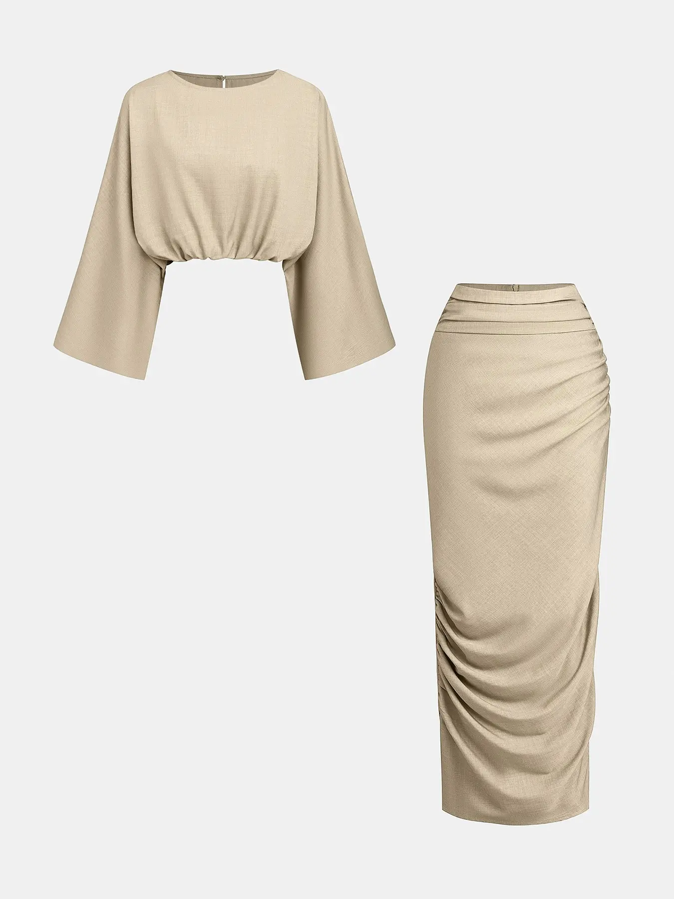 Effortless Casual Two-Piece Set | Batwing Long Sleeve Top & Mid-Rise Draped Maxi Skirt for Women, Non-Linen Non-Stretch Fabric with Single Pocket, Summer Vacation Boho Outfit & Everyday Wear