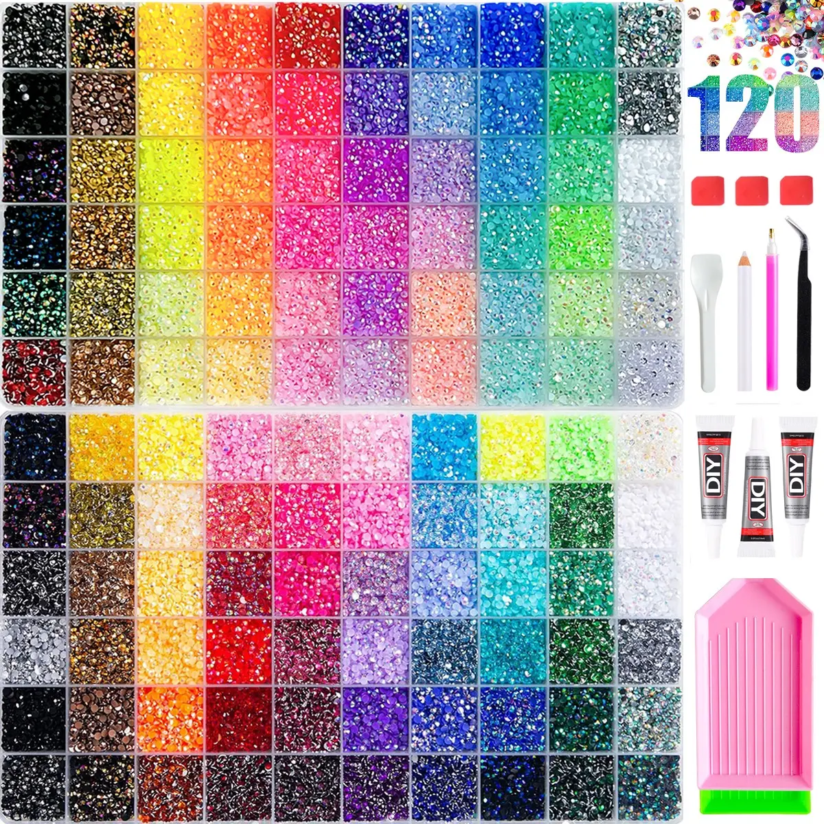 120 Color Rainbow Resin Flat Back Rhinestones Set, Includes Stamping Ink, Dotting Pen, ultimate creative gift for her,graduation gift,class of 2026,summerwins,mid year sale, deals for you，Perfect Gift for Craft Enthusiasts