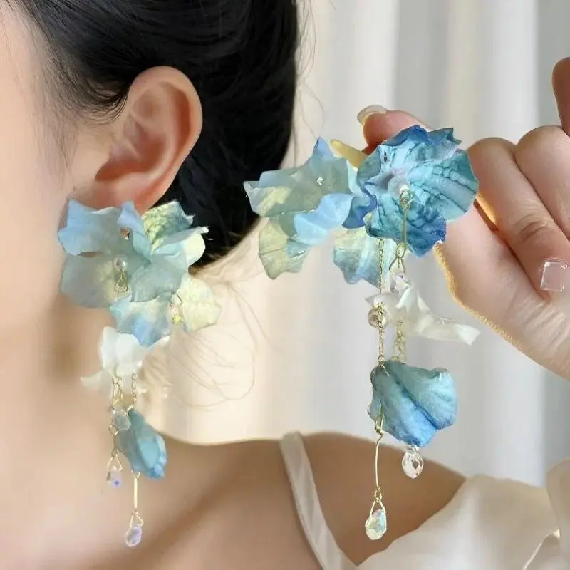 Women's New Elegant Blue Flower Tassel Drop Earrings - Summer Beach Vacation Fashion Long Luxury Jewelry, Long Earrings, Coastal Earrings