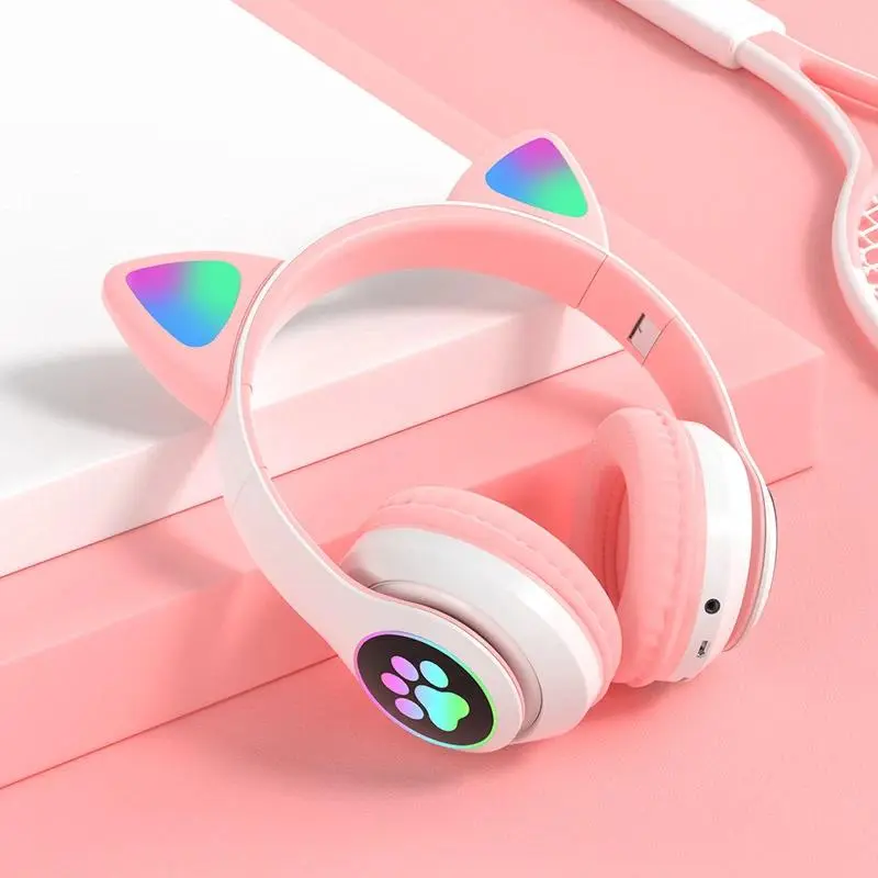 Flash Lamp Cute Cat Ears Headphone Bluetooth5.0 Stereo With Mic Support TF Card Wireless Kids Girl Earphone Birthday Gift cushion
