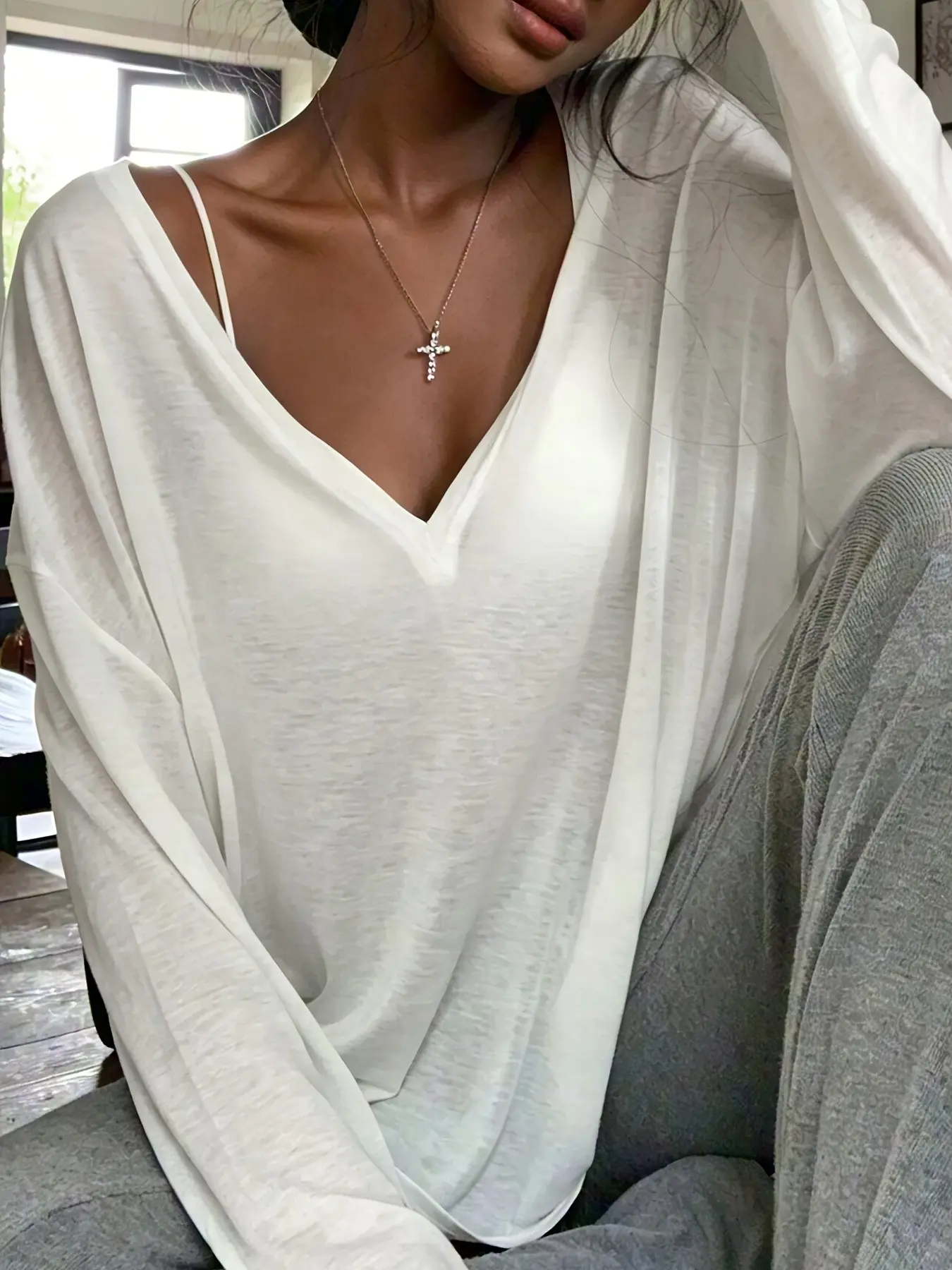 Relaxed Large V-Neck Casual Long Sleeve Overshirt, Loose Drop Shoulder Lazy Inner Wear, Solid Color Top for Outerwear