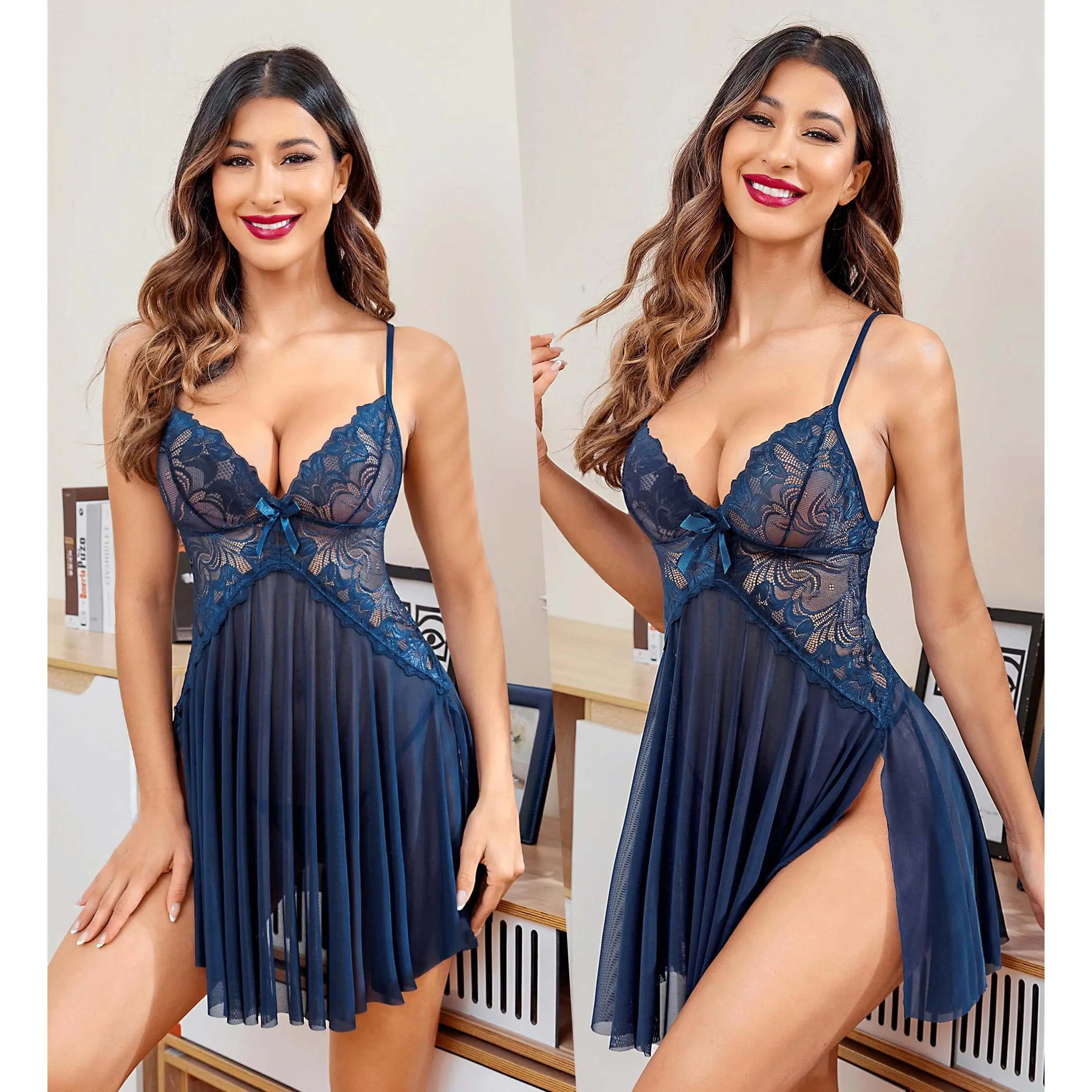 Wedding Lingerie for Bride Lace Chemise V Neck Full Slips Nightwear Strap Sleepwear Nightgown