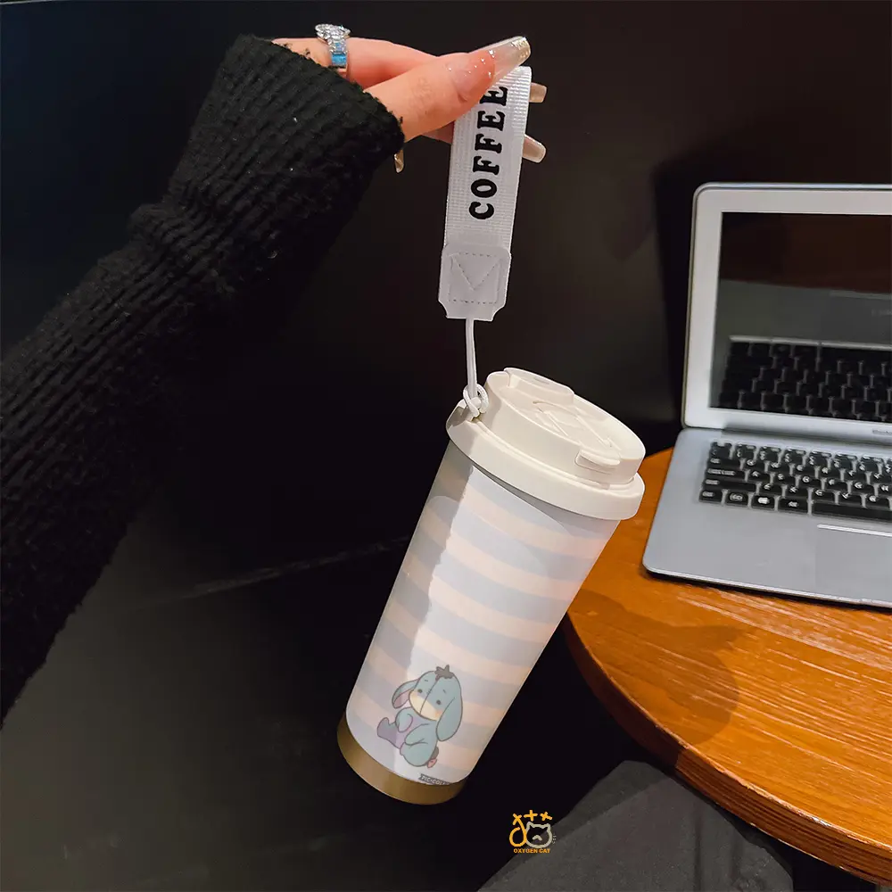 Coffee mug ~ 530 ml / 17.92 oz insulated mug，Cute Eeyore with Pastel Blue Pink Stripes Pattern PrintDouble-walled, leak-proof, travel mug with handle; perfect for coffee lovers, art enthusiasts, sports enthusiasts, and those seeking a gift.