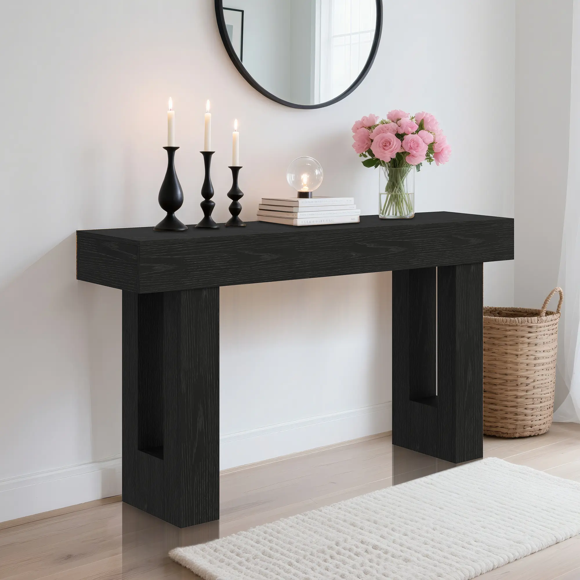 63" Rustic Farmhouse Console Table 63" – Rustic Wood Entryway Table with Open Shelf – Narrow Accent Table for Living Room, Hallway, or Behind Couch