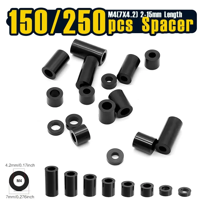 300-500 Pcs Black Nylon Washers, 4.2mm ID 7mm OD 2-15mm Length Round Plastic Spacer Washer Standoff Non-Threaded for M4 Screws