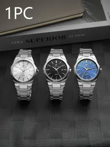 RICECGO Men's Quartz Watch Business-style metal steel bracelet with date window display A sleek and sophisticated men's timepiece Business Fashion Watches