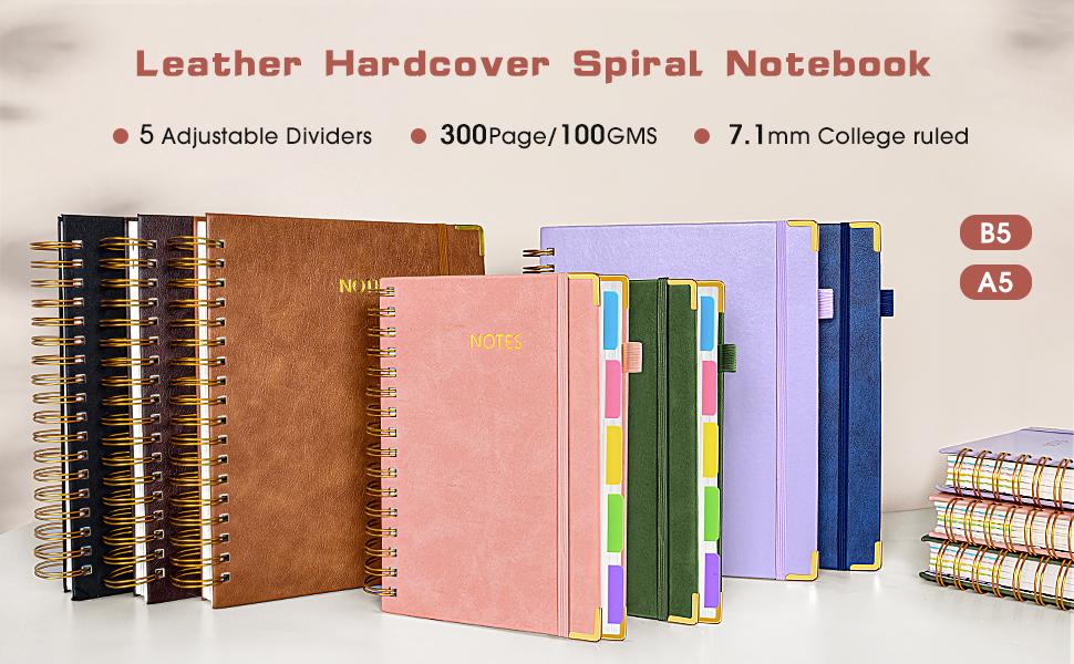 Hardcover Spiral Notebook Journal with Removable Dividers Tabs, 300 Pages Leather 5 Subject Notebook College Ruled, 8"x10" Large B5 Notebooks for Work School Note taking, Lined Journal for Women, Pink