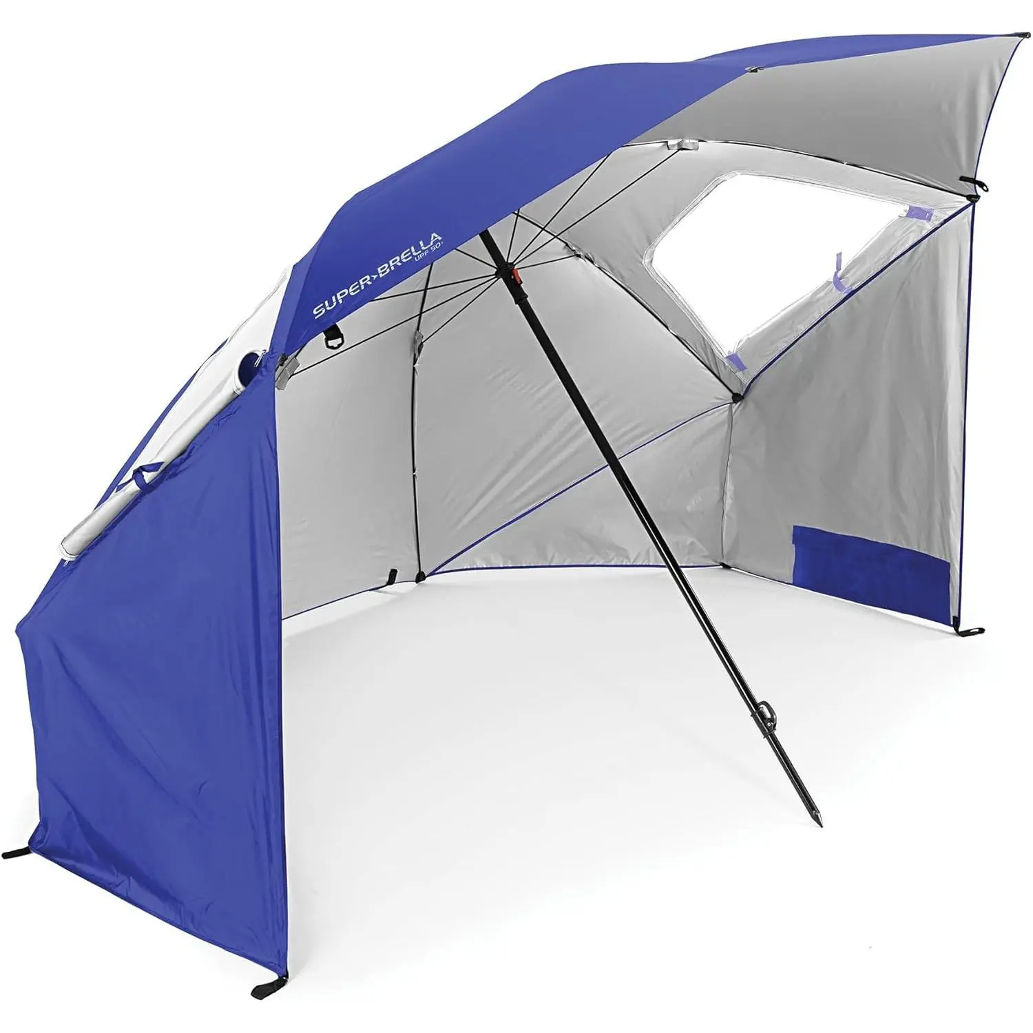 Sport-Brella Super-Brella UPF 50+ Sun and Rain Canopy Umbrella, 8-ft Portable Beach Camping Shelter with Side Panels, Wind Flaps, and Carry Bag, Blue