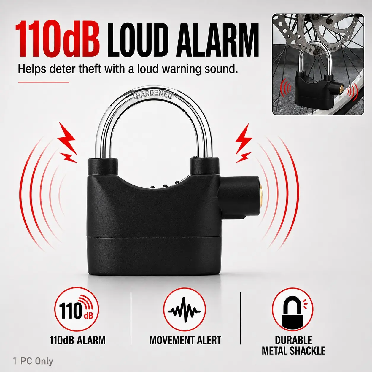 110dB Alarm Hanging Padlock, Outdoor Stainless Steel Security Lock with 3 Keys, Heavy Duty Anti-Theft Padlock for Garages, Fences, Gates, Sheds and Storage Units