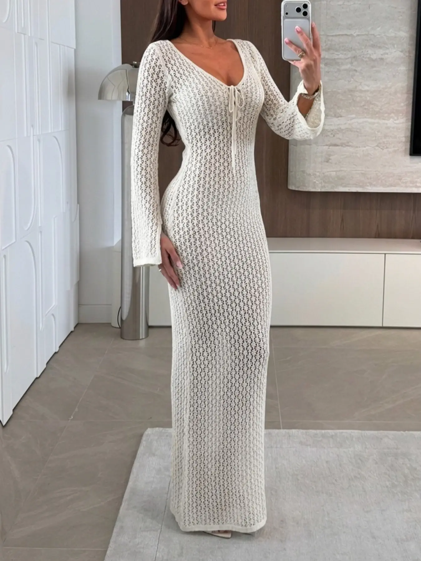Women's Spring Summer Long Lace Dress, V Neck Bell Sleeve, Casual Style, Perfect for Vacation, Fashionable, Chic and Elegant Summer