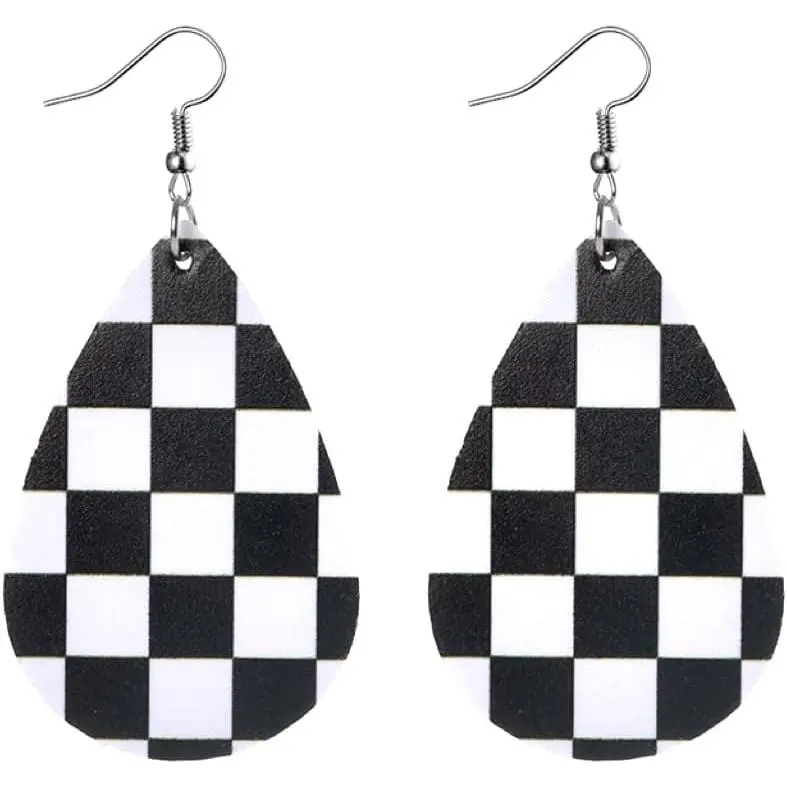 Checkerboard Earrings for Women Checkered Chess Board Flag Leather Teardrop Cute Accessories Dangle Lightweight Funny Gifts