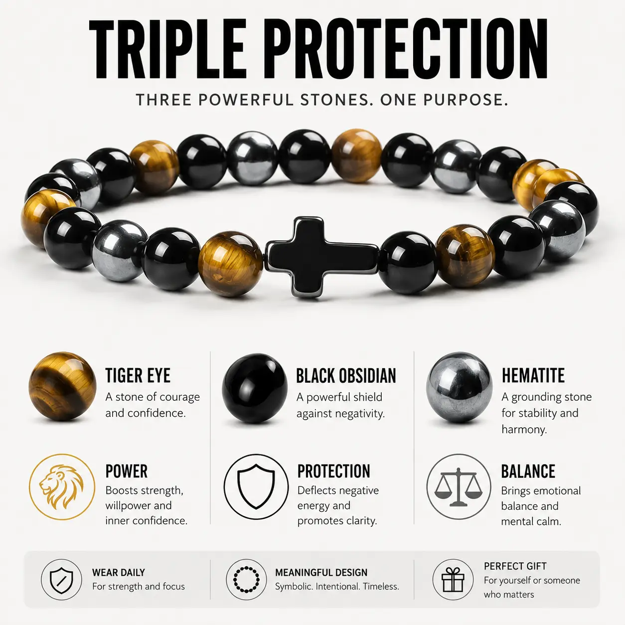 Men's 8mm Triple Protection Cross Bracelet - Natural Stone Beaded Bracelet with Tiger Eye, Obsidian, Hematite, Faith Jewelry Gift for Men