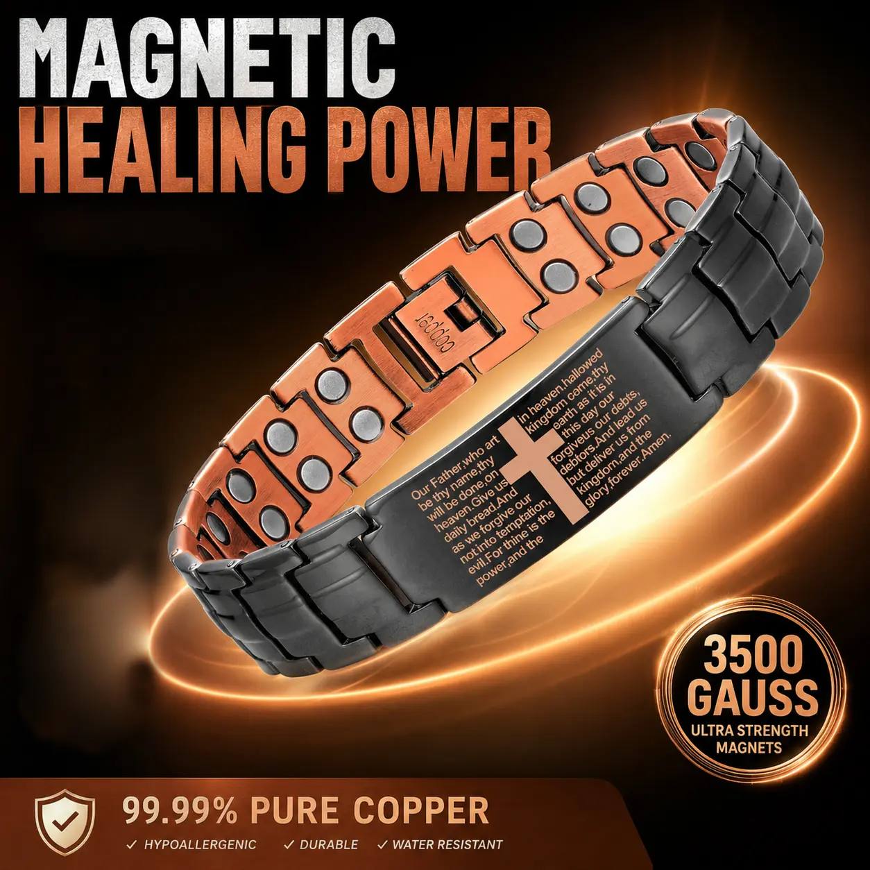 Copper Magnetic Bracelet for Men, 99.99% Pure Copper Cross Bracelet with Ultra Strength Magnets, Adjustable, Father's Day Gift