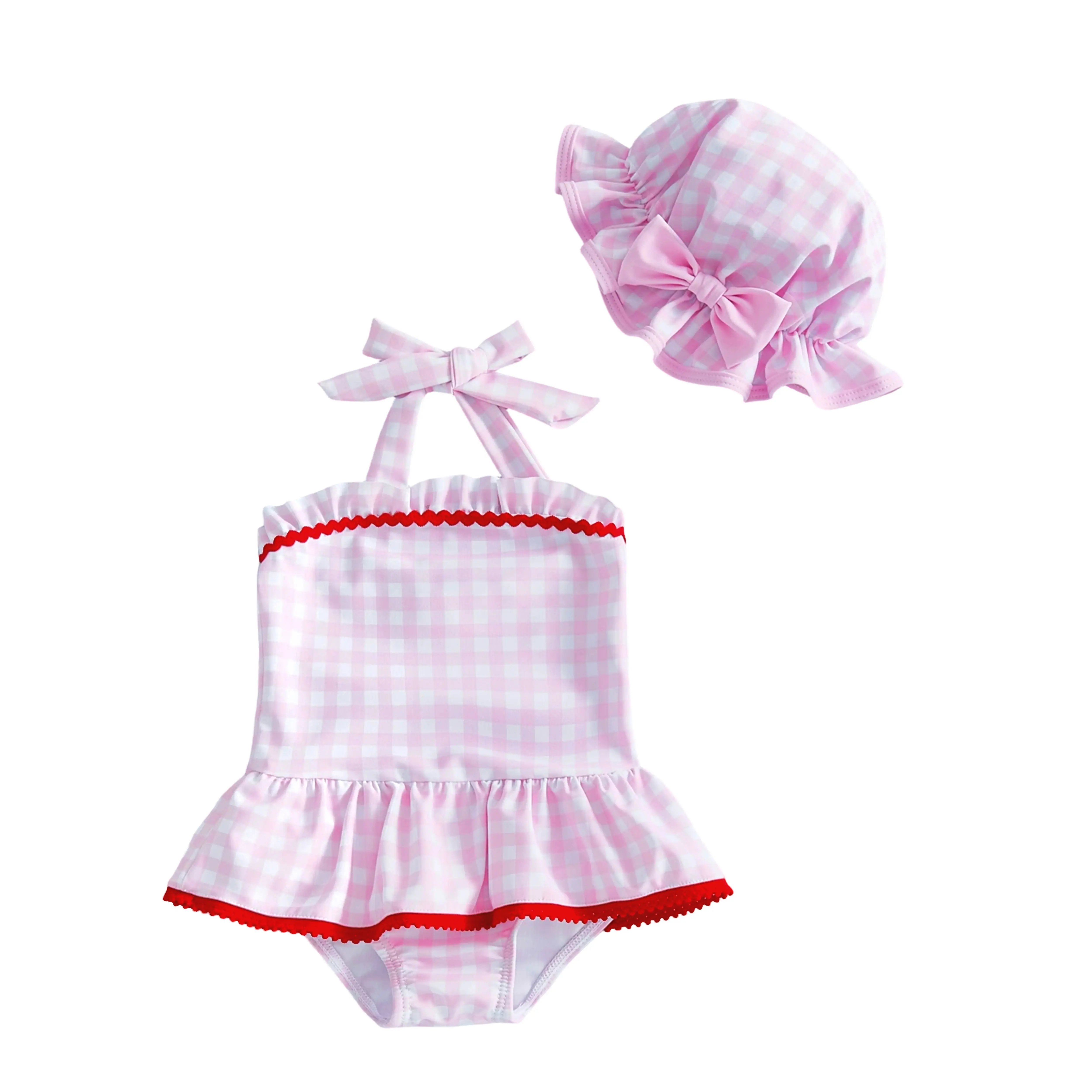 Toddler Girl Swimsuit Cute Plaid Print Sleeveless Halter Skirt Bathing Suit Baby Swimwear with Sun Hat