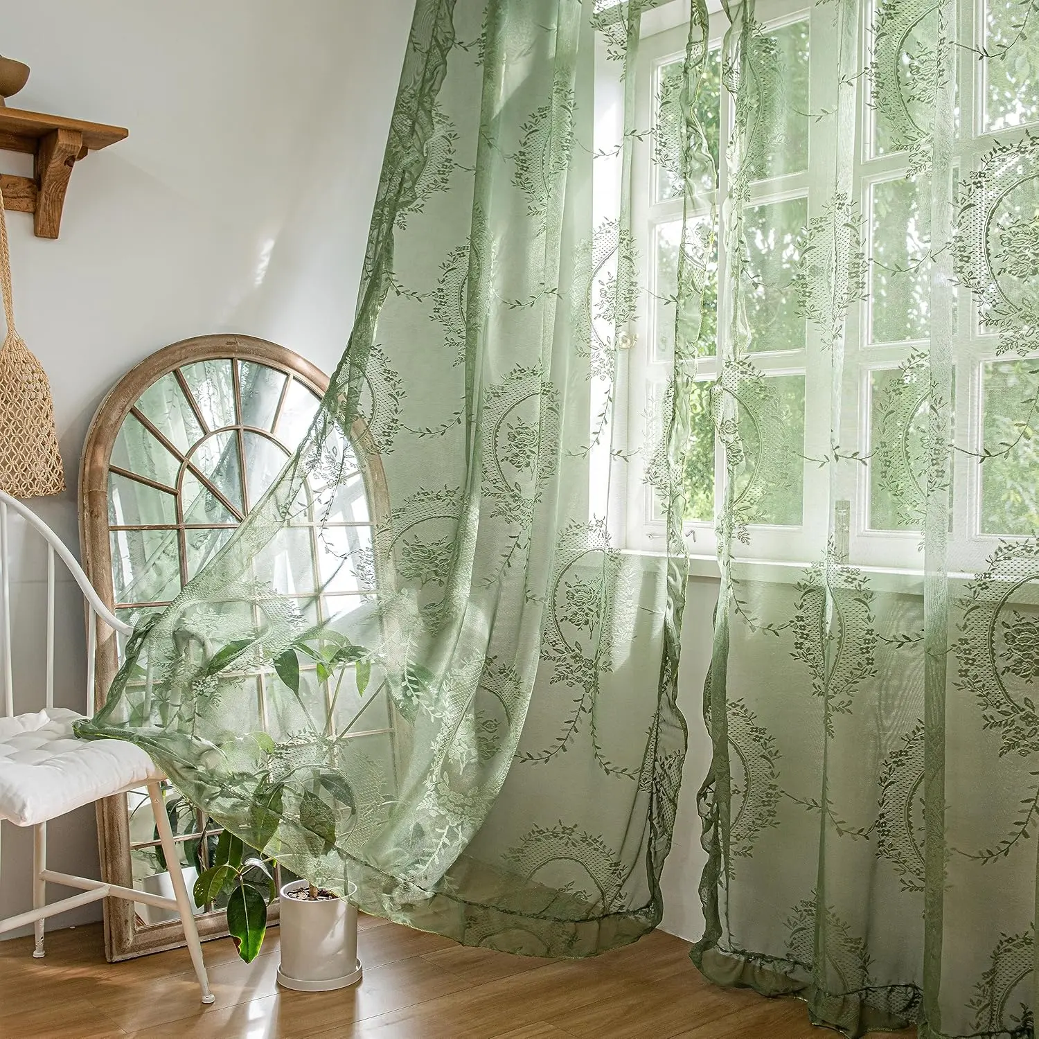 Olive Green Lace Sheer Curtains 84 Inches Long for Bedroom Living Room Nursery,Rose Floral Embroidery Ruffled Vintage Chic Window Treatment Privacy Drapes, Rod,W57 x L84, 2 Panels
