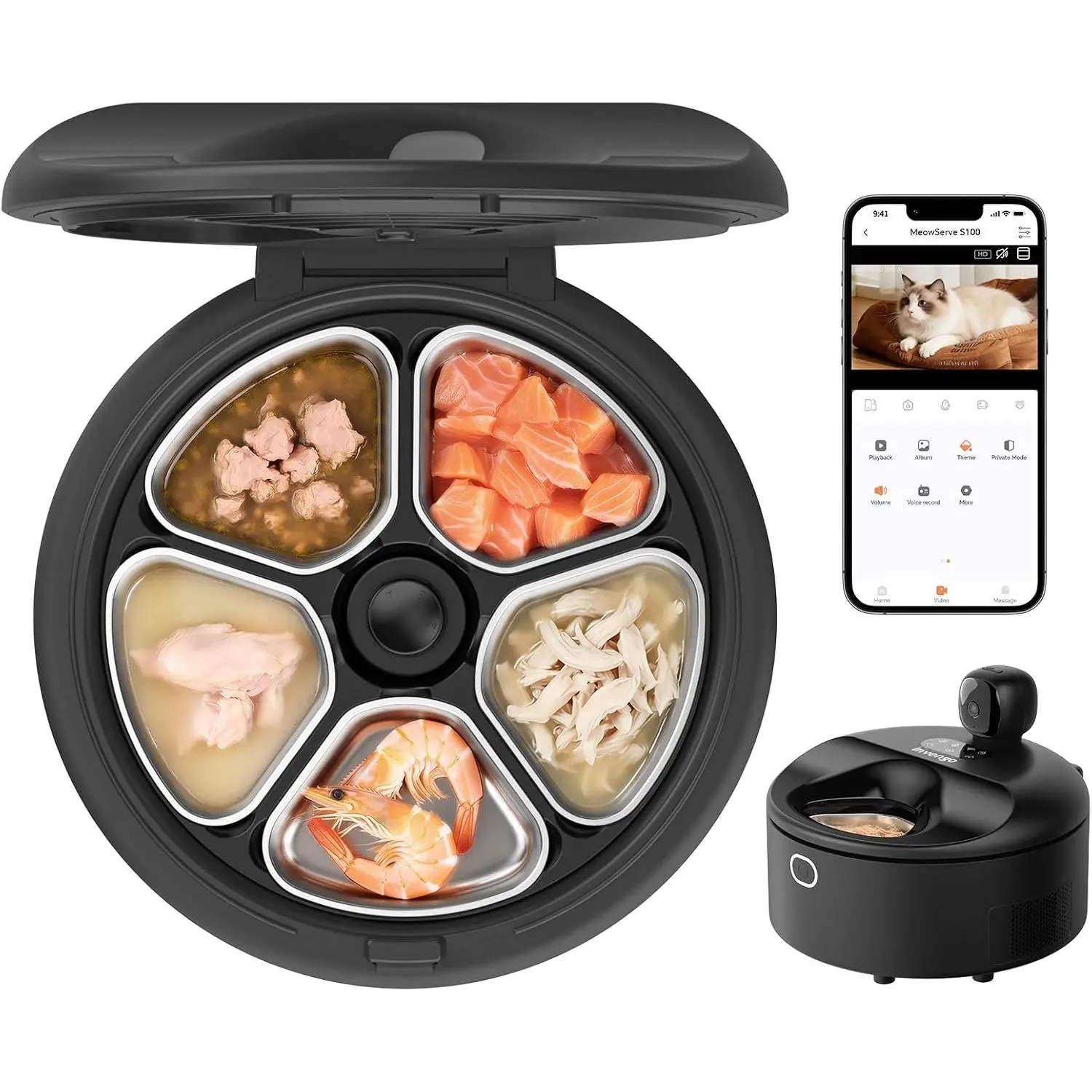 Automatic Wet Food Cat Feeder with 3MP Camera, App Remote Control , Dual Semiconductor Cooling, Heating Feeding Area, 5 Stainless Steel Trays Pet Food Dispenser ever sweet gravity ultra  bowl set small dog enrichment fresh meal， medium large breed