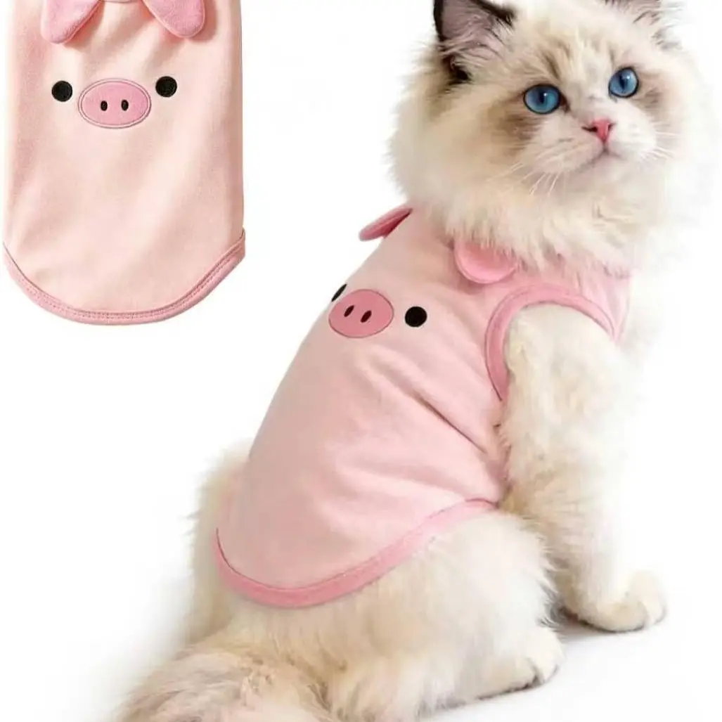 Cute Handmade Embroidered Vest for Hairless Cats, Kitten, Soft Breathable Sleeveless Cat Clothes, Pig Design, All-Season Wear Clothing