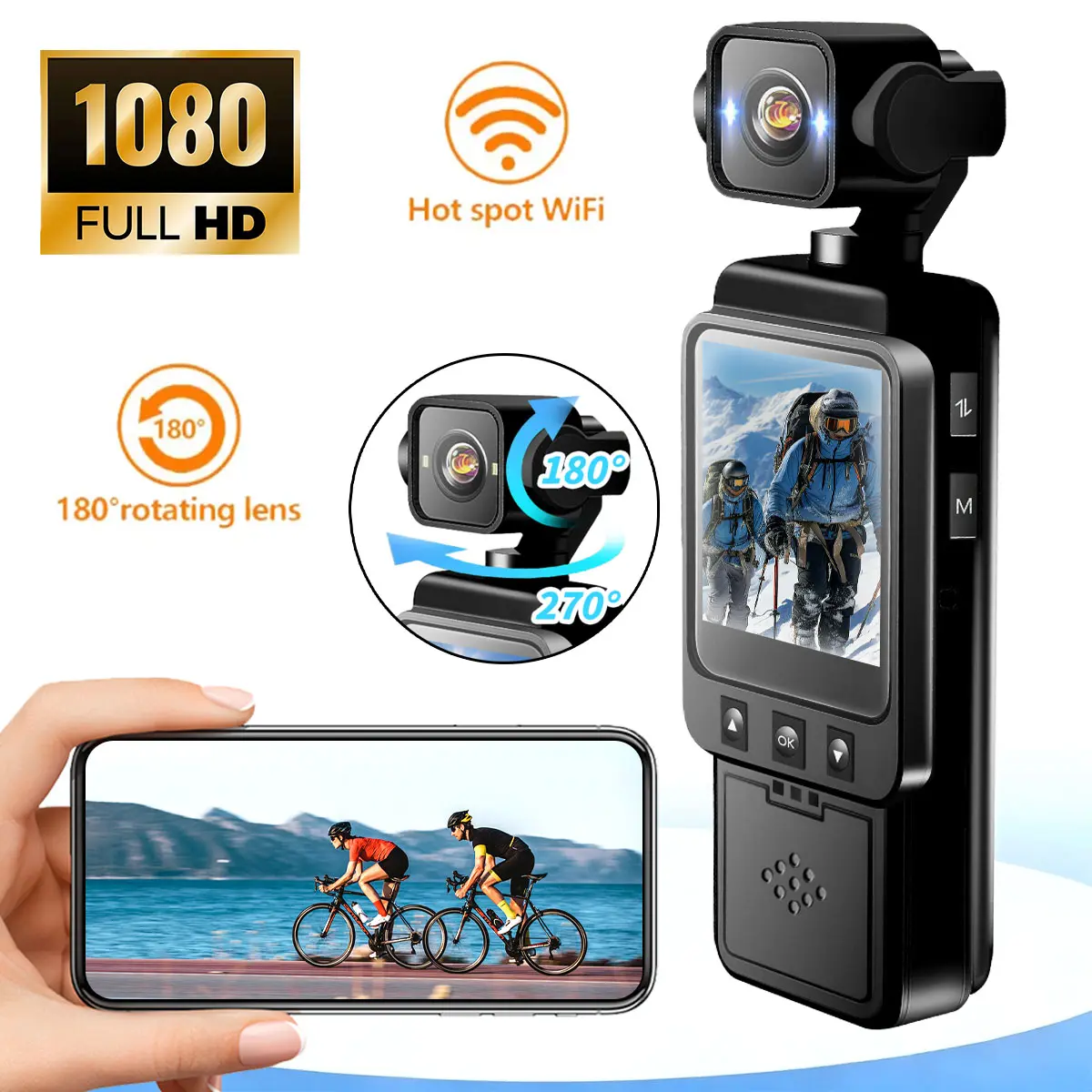 Wearable 1080P HD Handheld Vlog Camera, 270° Rotating Lens, Anti‑Shake, Colour Night Vision, 6X Zoom, Loop Recording, TF Card – Great for Outdoor Travellers & Content Creators.