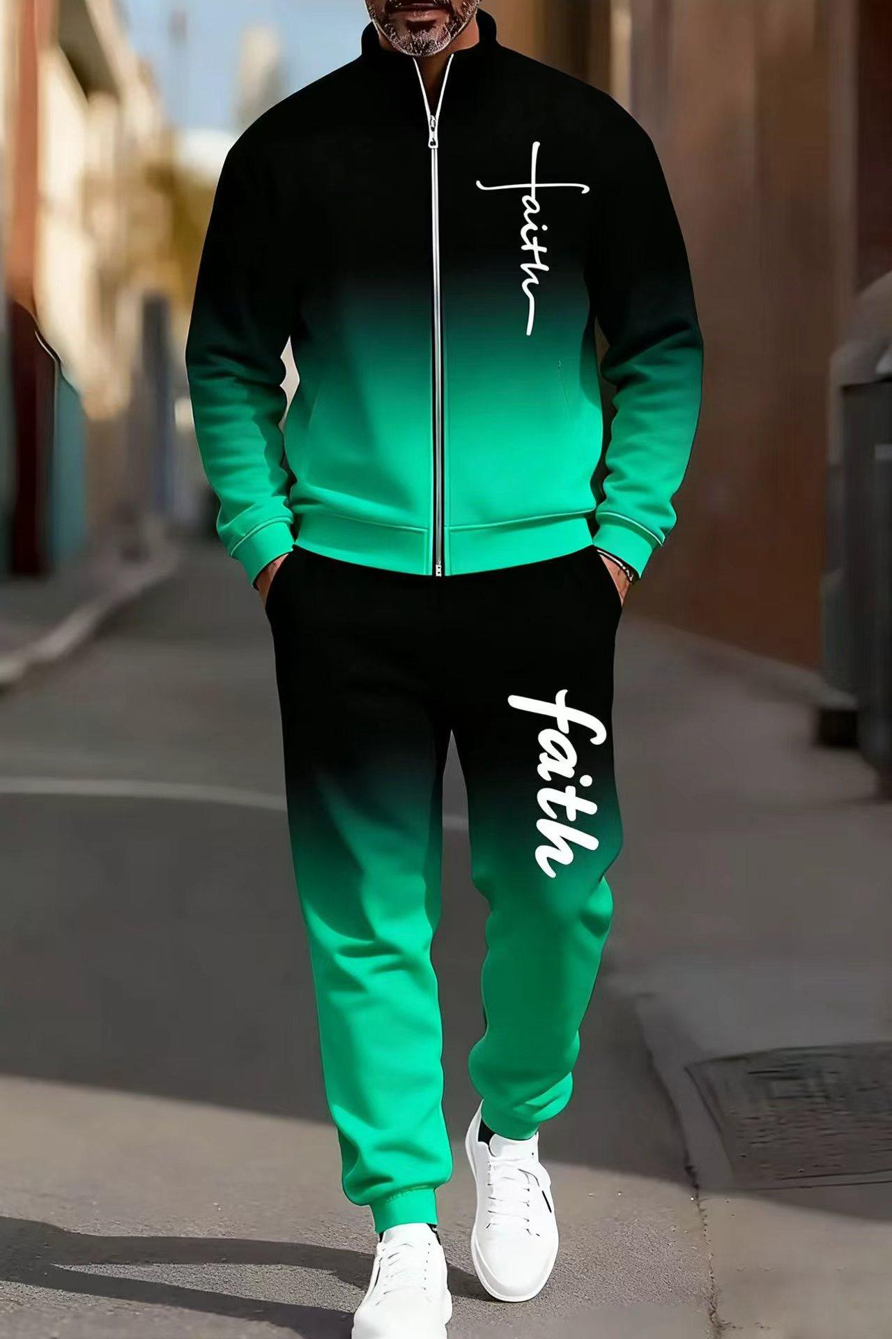 Men's fashionable and casual sportswear featuring a gradient digital print, including a stand-up collar cardigan jacket and pants, making it a two-piece set suitable for daily casual wear and trendy gradient sportswear series, Sporty Style Breathable Acti