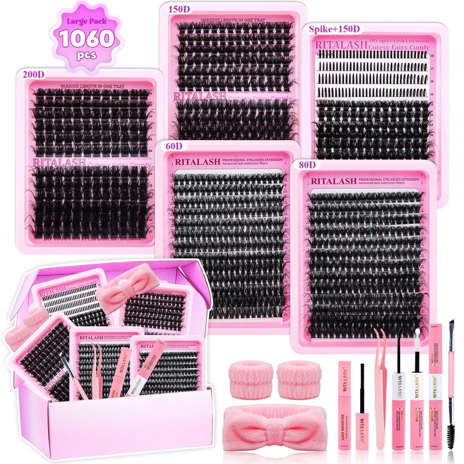 RITALASH 1060PCS Mixed Length Individual False Eyelashes Kit, Hybrid Lash Set, DIY Eyelash Extensions, Natural-Looking Eyelash Extensions with Accessories, Self-Grafting Curling Lashes for Women, Individual Fake Eyelashes, Makeup Products