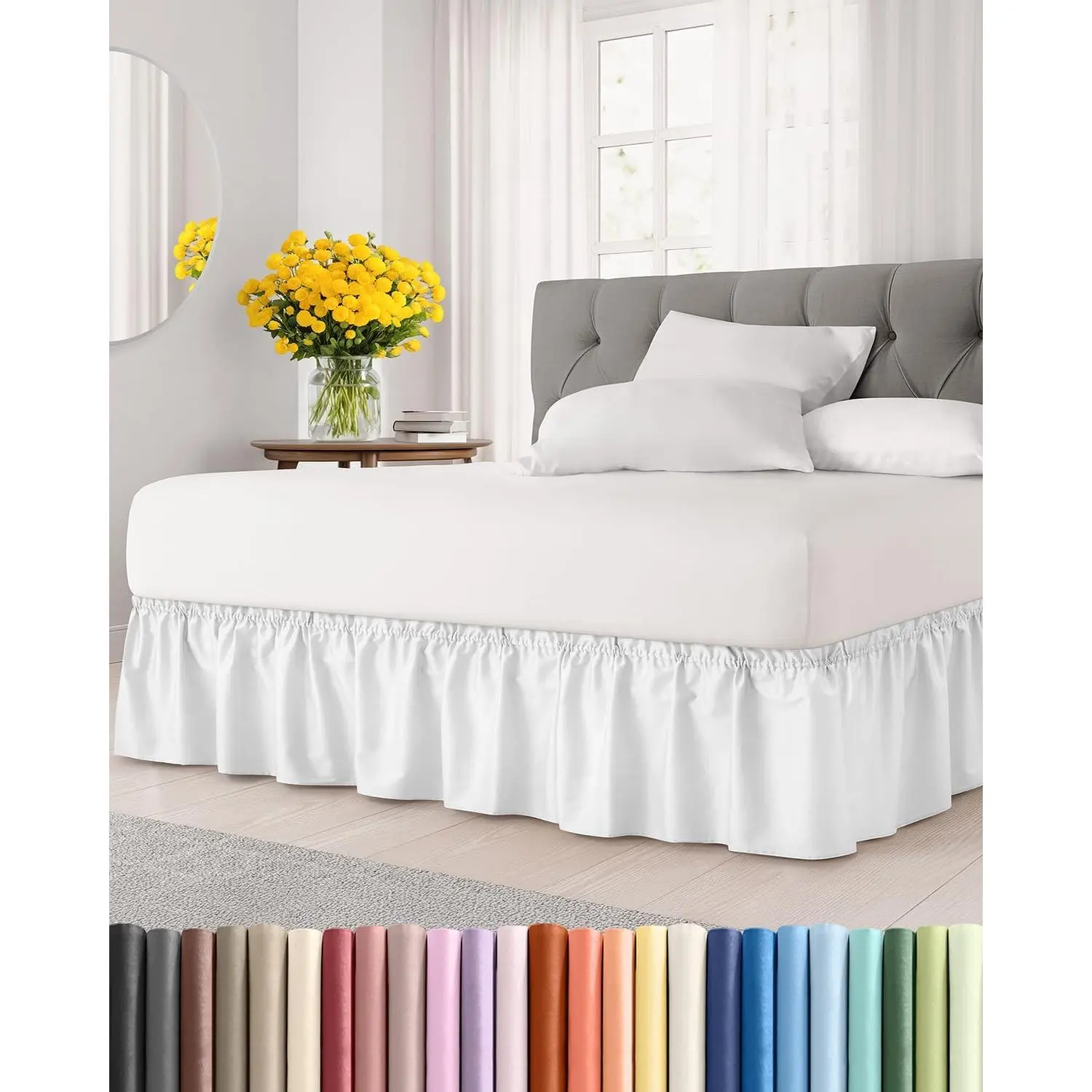 Queen Size White Pleated Edge Wrap-Around Dust Ruffle Bed Skirt - 15 in Drop, Elastic Strap, Brushed Microfiber Polyester, Wrinkle-Free - for Kids