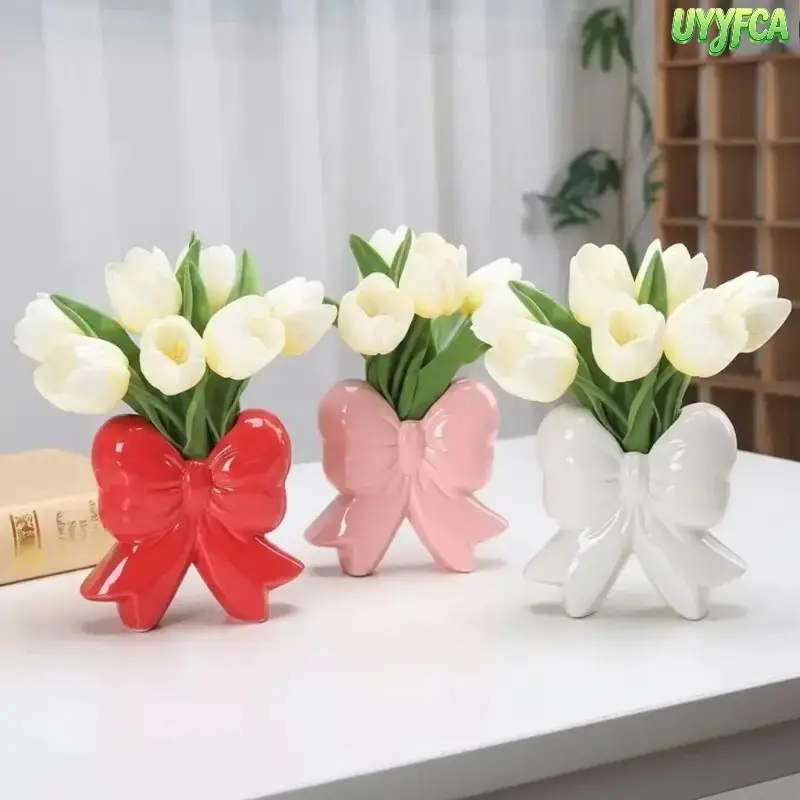 Small Size Glossy Ceramic Vase - Elegant Sculpted Bowknot Ornament, Coquette Multi-Purpose Floral Holder & Makeup Brush Organizer, Decorative Vanity Accessories for Girl Room Decor, Aesthetic Home Decor, Tabletop Indoor Accent, Summerwins