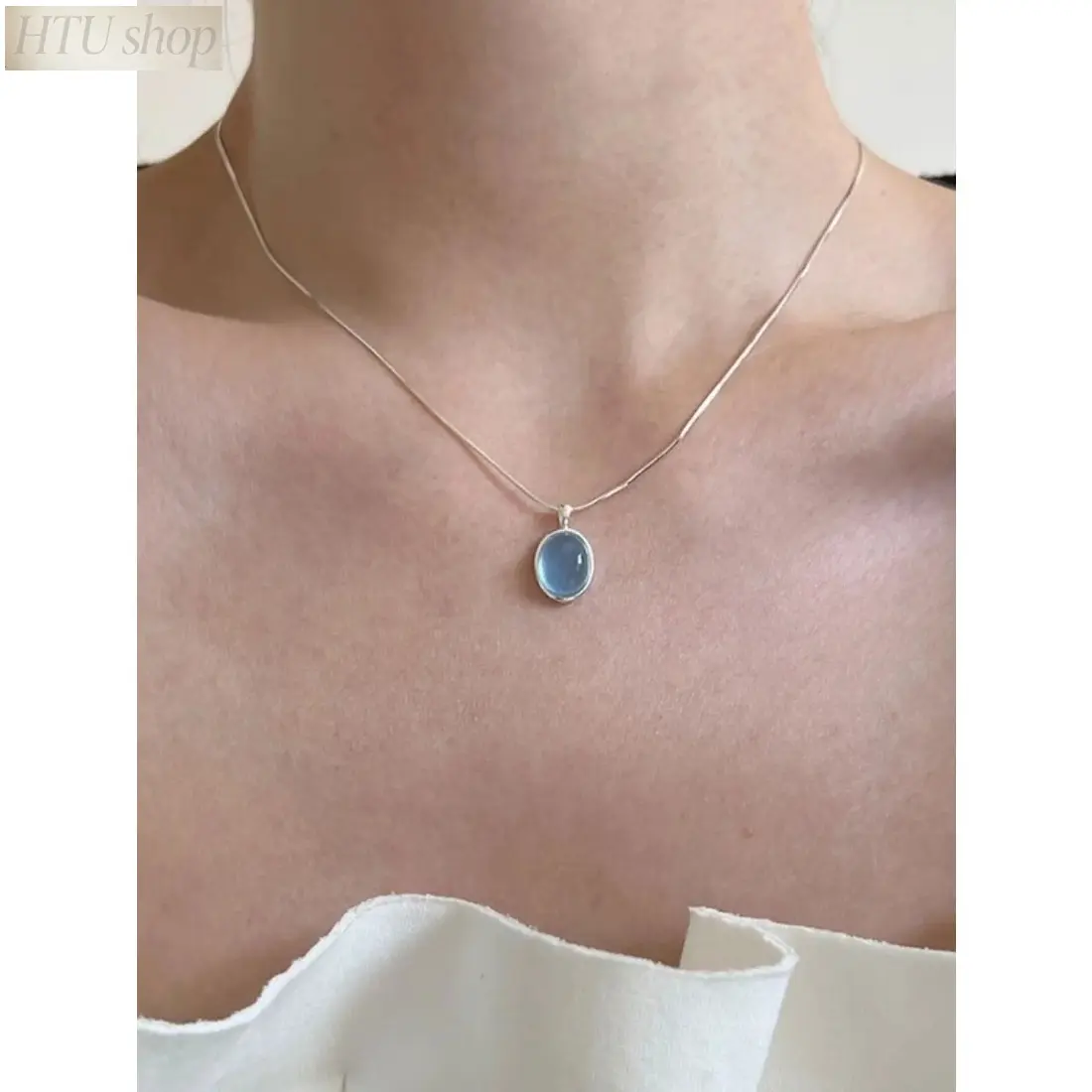 Women's Stainless Steel Celestial Motif Pendant Necklace - Elegant Simulated Aquamarine Moonstone Gemstones, Minimalist Female Jewelry, Versatile for Everyday Wear, Perfect Gift, Simulated Gemstones