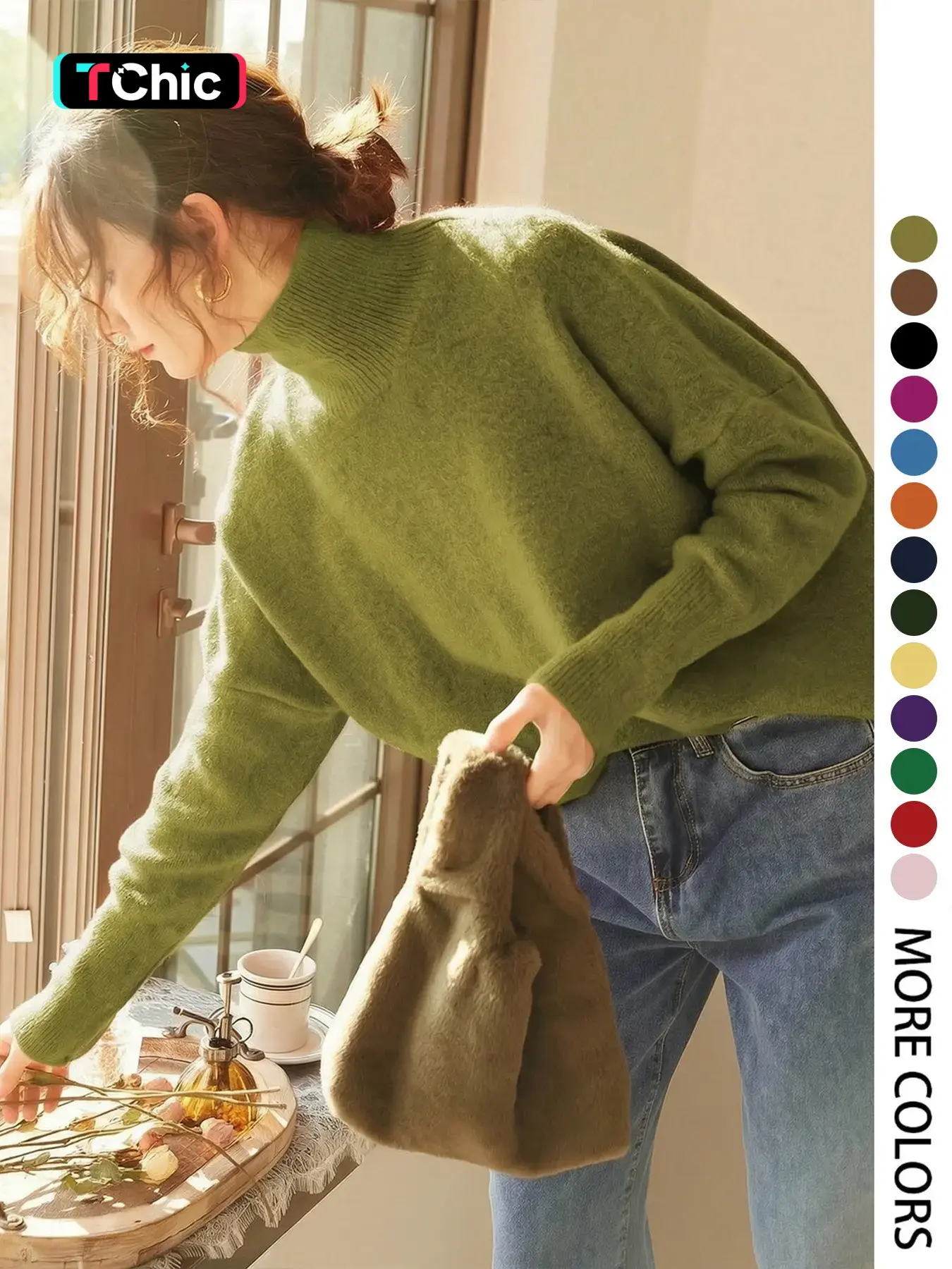 Elegant Women's Fall Winter Fashion Casual Home Wear Basic Simple Loose Solid Color Knit High Neck Long Sleeve Pullover Top