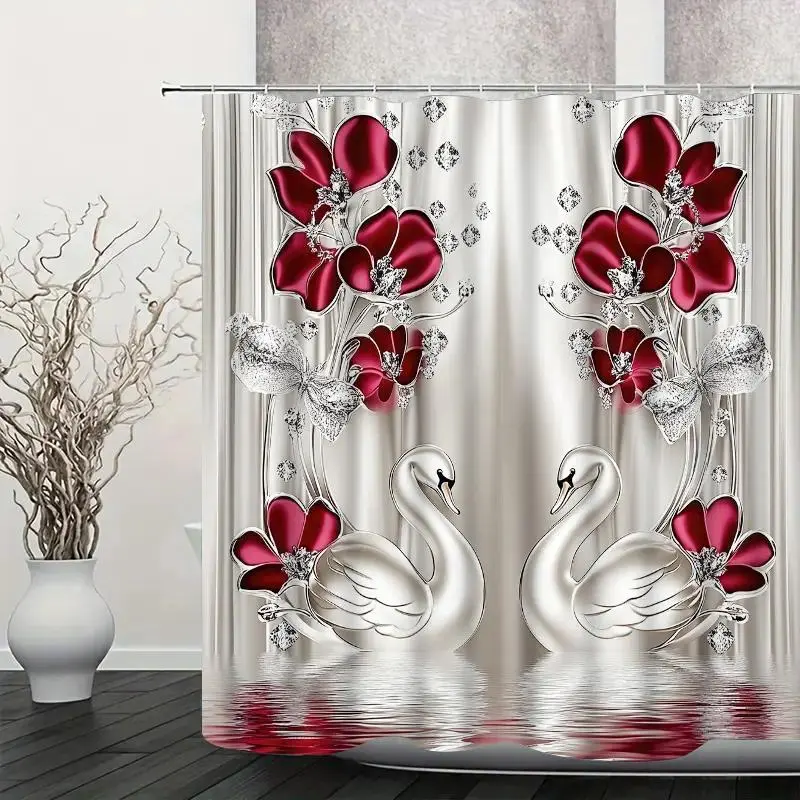 Modern Floral & Swan Art Geometric Polyester Shower Curtain Set - Silver, Waterproof Bathroom Decor with Toilet Lid Cover, Hooks, Nature-Inspired Bath Supplies, Multicolor