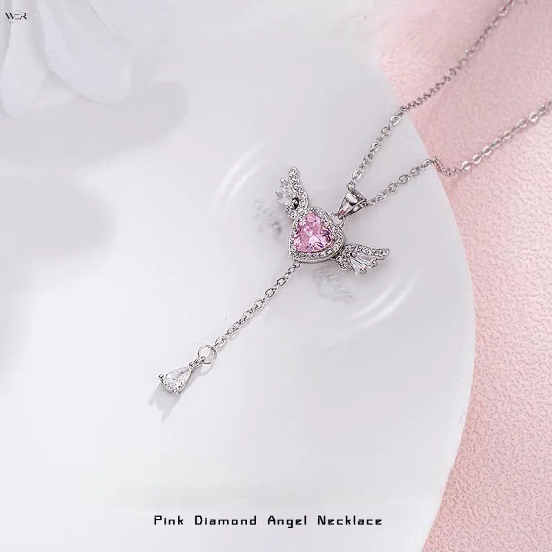 Women's 45cm Heart Shaped Necklace - Angel Wing Pave Rhinestone Set, Y-Shape Lariat Drop Design, Alloy Frame, 3 Crystal Colors (Pink/White/Blue), Romantic Wear Daily Dating Gift Layered Neck Costume Jewelry, Three Colors