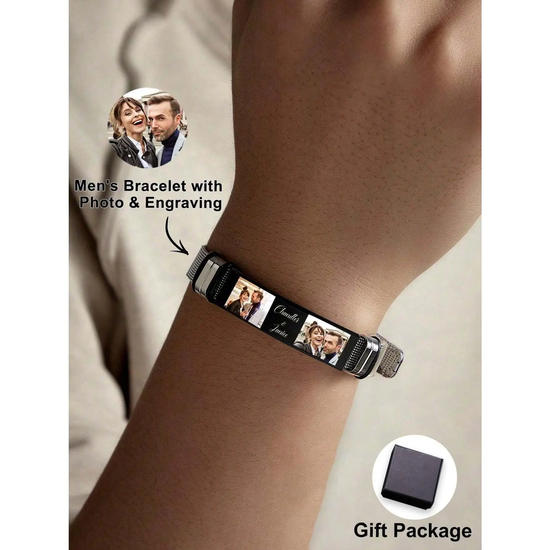 Custom Photo Engraved Name Bracelet, Personalized Stainless Steel Adjustable Picture Image Bracelet, Unique Jewelry Gift For Anniversary And Birthday