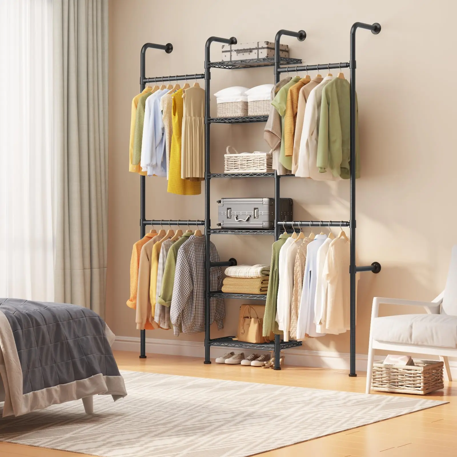 Wall Mounted Pipe Closet System – Carbon Steel Expandable Clothes Rack – 6 Wire Shelves – Adjustable Rods (23.62-35.43 in) – Matte Black – Sturdy Storage Organizer
