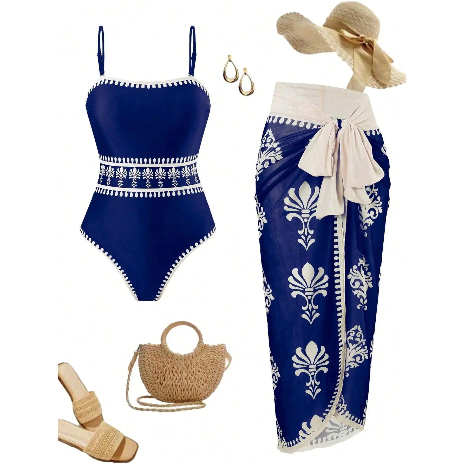 Blue Floral 2PC Swimsuit Set | One Piece Tummy Control + Wrap Skirt Cover-Up | Effortless Vacation Outfit S-XL