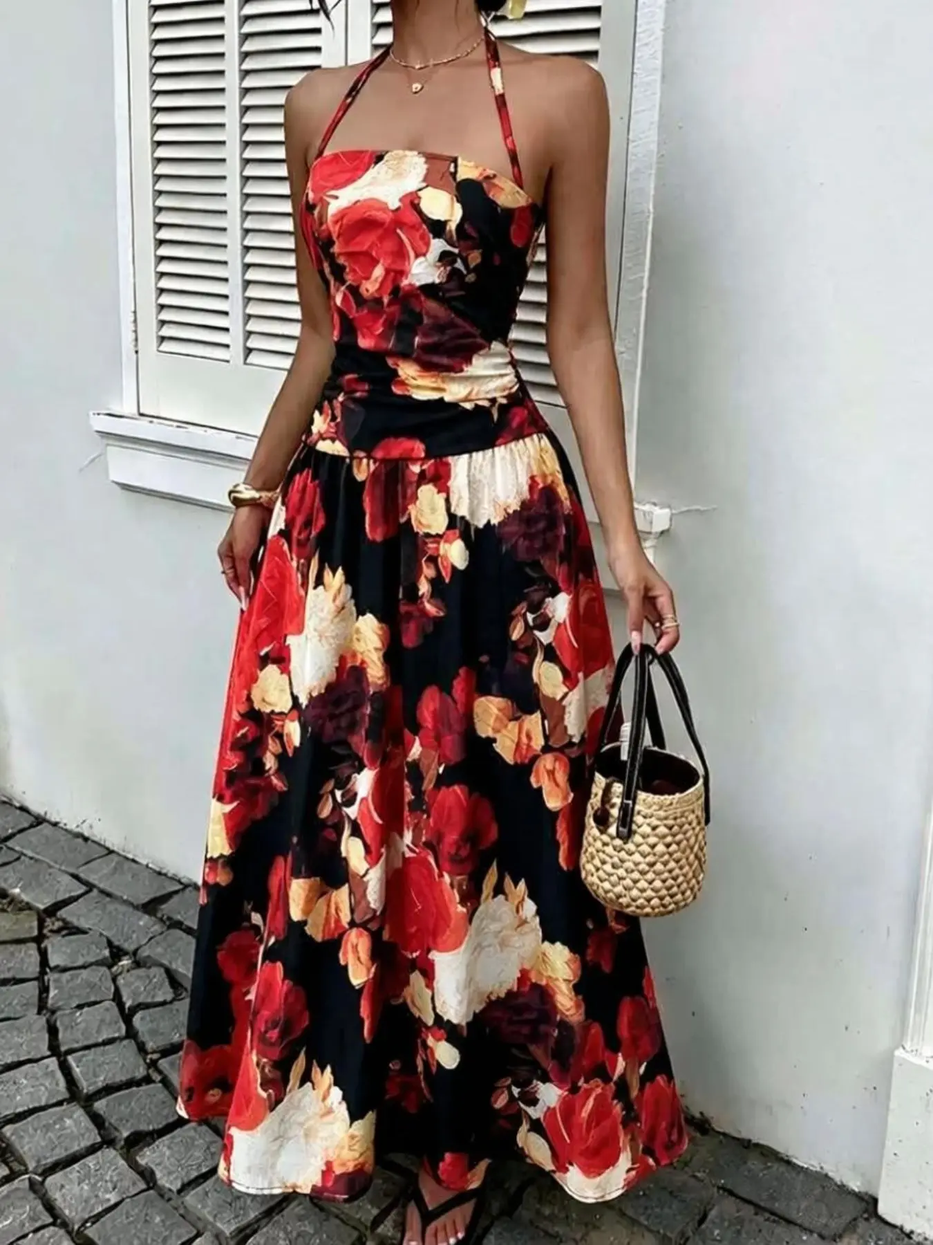 Women's Floral Printed Waist Cinch Bandeau Dress, Vacation Style, Casual Summer Dress, Floral Sundress, Comfortable & Stylish, Perfect for Daily Wear