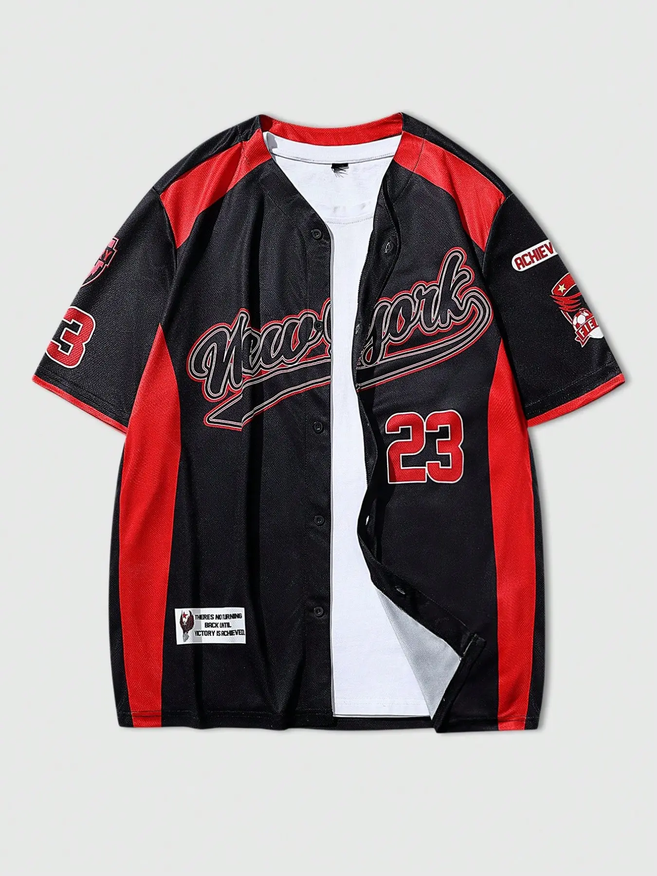 Men’s Oversized New York 23 Print Baseball Jersey - Red & Black Color Block Y2K Streetwear, Breathable Mesh Button-Down Shirt for Hip Hop Skatewear & Gen Z Retro Sports Outfits