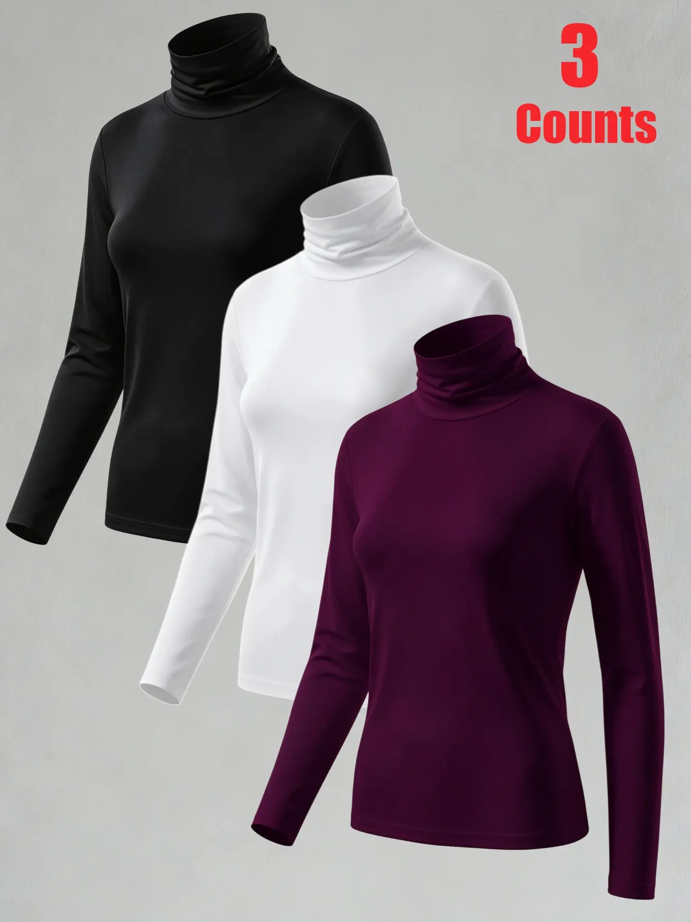 Three-Pack Women's Long Sleeve Sporty T-Shirts, Plain Color Crew Neck Slim Fit Soft Stretch Base Layer, Fall Winter Casual Outdoor Top, Workout Tops