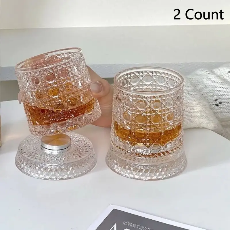 2 Counts Clear Whiskey Glasses with Rotating Glass Base， Old Fashioned Glasses ，Spinning Tumbler Set for Bourbon, Scotch, or Cocktails – Glass Tumblers – Unique Gifts for Men