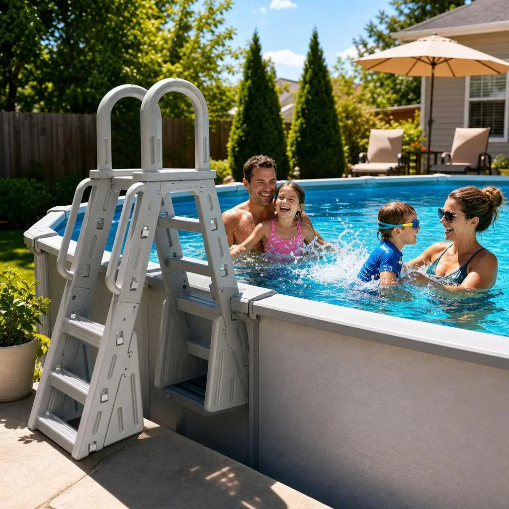 A-Frame Above Ground Pool Ladder with Handrails - Heavy Duty HDPE Pool Steps Safety Entry System Anti-Slip Wide Treads for Above Ground Swimming Pools