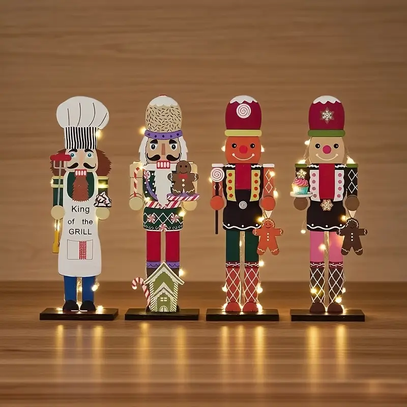 4-Piece Nutcracker Soldier Wooden Decorative Figurines  Bohemian-Style Fantasy Nutcrackers for Christmas Trees, Mantelpieces, and Table Centerpieces  Nutcracker Army Holiday Decorations, Tableware (No Power Required)
