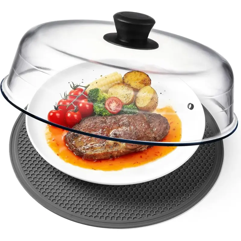 10 In 2-in-1 Borosilicate Glass Microwave Ventilated Cover, Food Safe Splash Guard with Easy-Grip Silicone Handle Knob, Plastic-Free Placemat/Plate Protector for Home Supplies-L