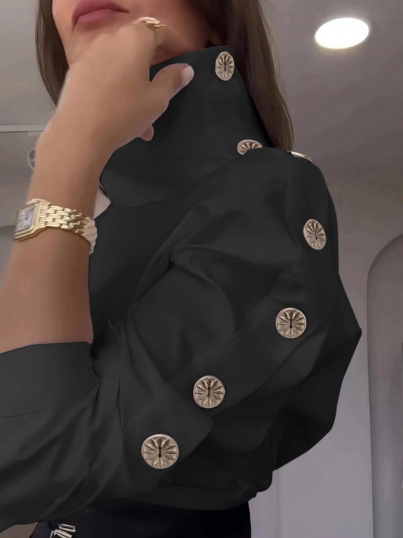 Women's Plain Gold Button Shirt, Casual Elegant Classy Long Sleeve Top for Summer, Ladies Clothes for Daily Wear