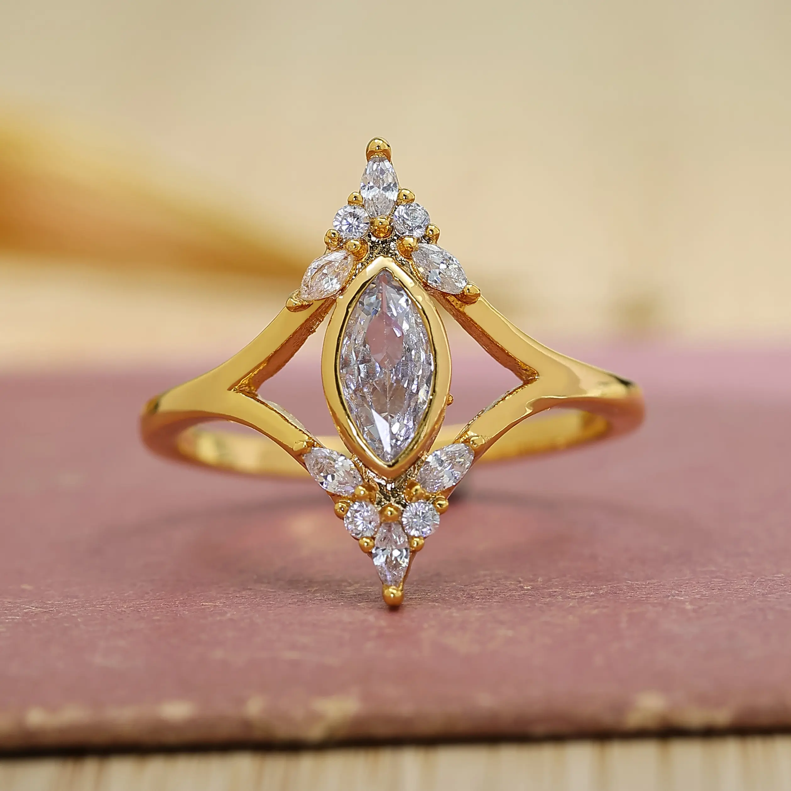 Elegant Marquise-Cut Engagement Ring - Golden-Tone Statement Band with Sleek Details, Gold Plated Beautiful Ring, Versatile Gift for Valentine's Day, Anniversaries, Beautiful Rings, Gold Plated Rings
