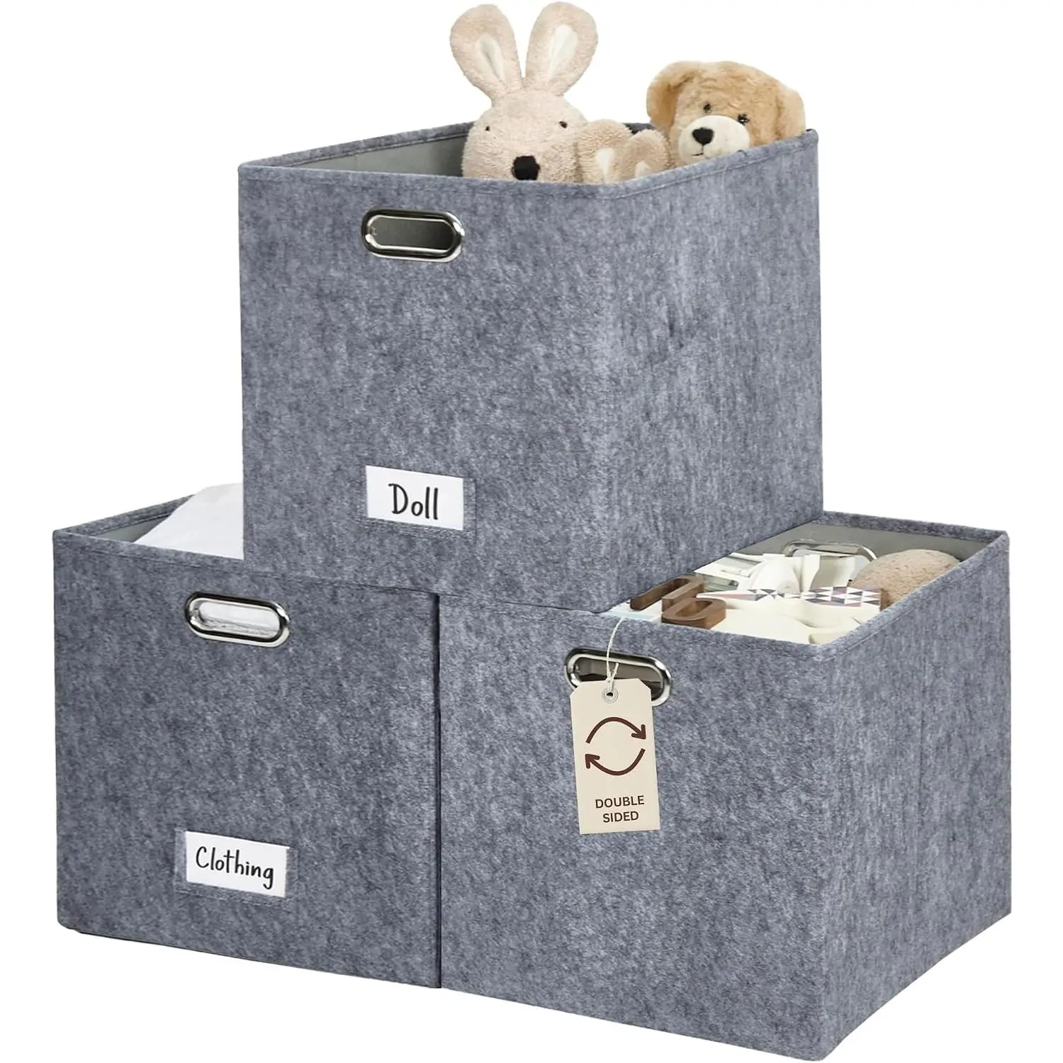 Felt Storage Bins, 13x15x13 Storage Cube Bins with Labels | 3 Pack Storage Baskets for Shelves, Kallax (Dark Grey)