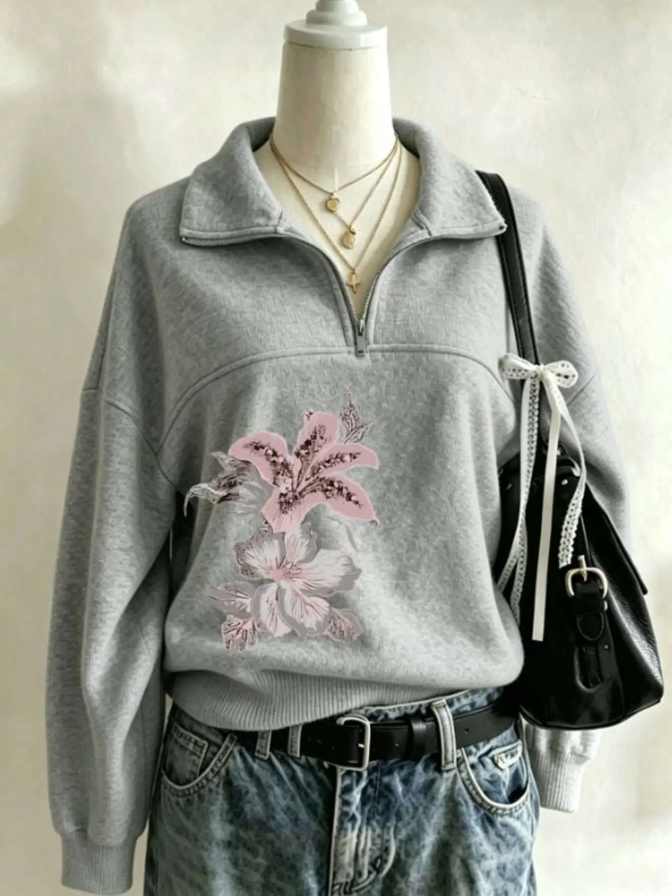 Women's Light Sweatshirt, Y2K Floral Print Zipper Collar Drop Shoulder Pullover, Loose-Fit Street Style for Teen Girls, Fall & Winter