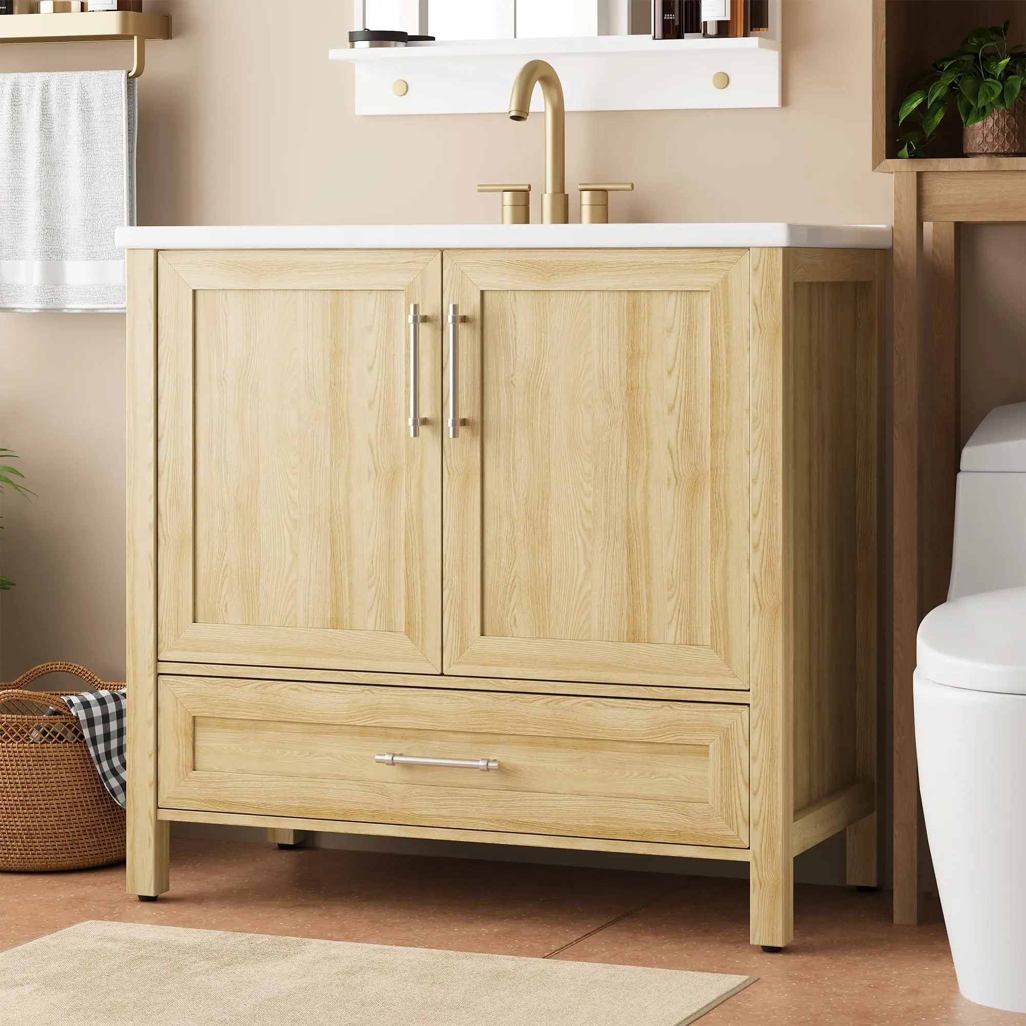 Bathroom Vanities with Sink Available in 24", 30", and 36" Sizes Featuring Waterproof Feet, Freestanding Design, and Options in White and Natura Finishes for Stylish and Durable Bathroom Storage Solutions