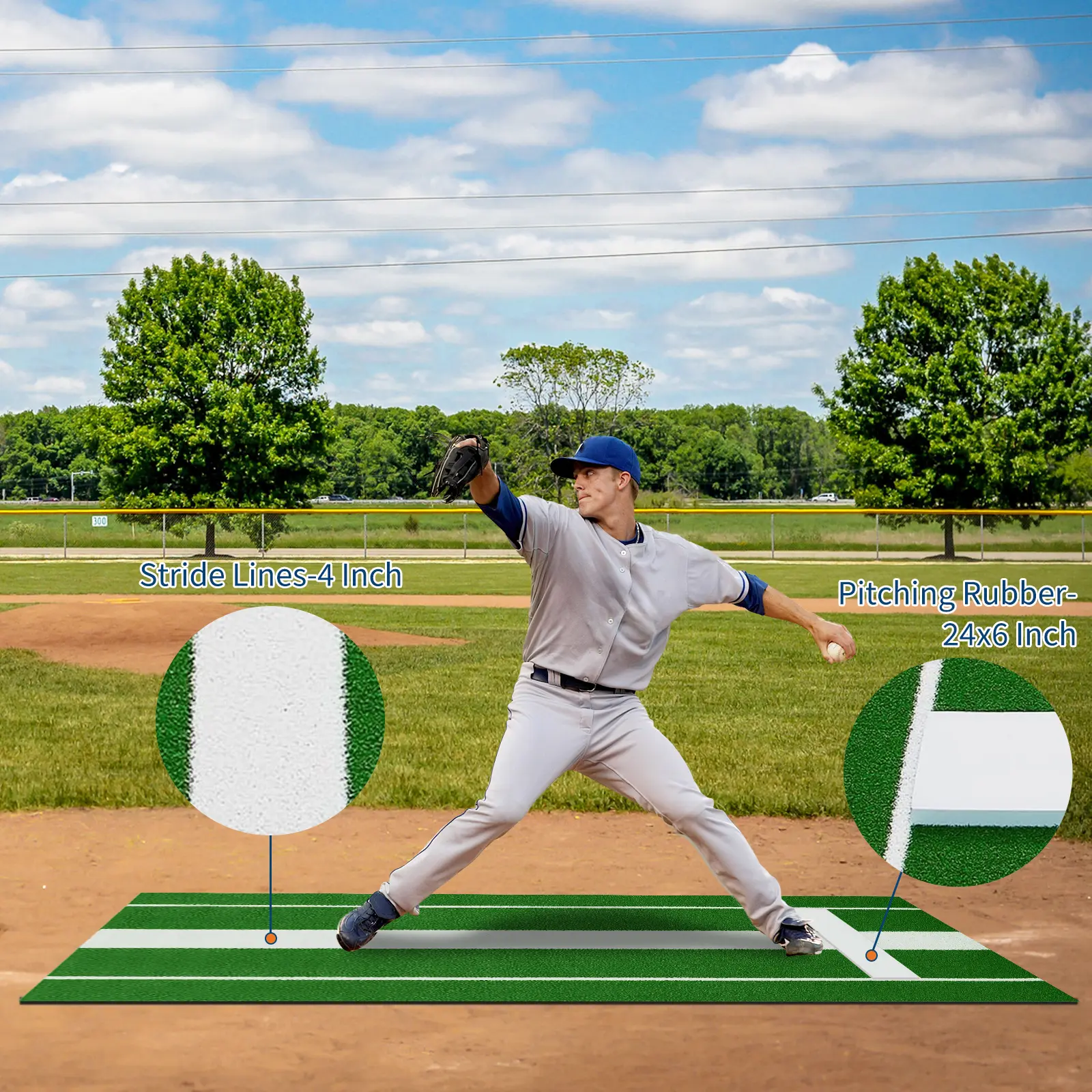 Gaomon 10x3 ft Portable Softball Pitching Mat - Durable Sports Mat with Rubber & PP Turf, Heavy-Duty Non-Slip Pitching Mound, Folded Strap for Indoor Outdoor Training Lane, Durable Mat